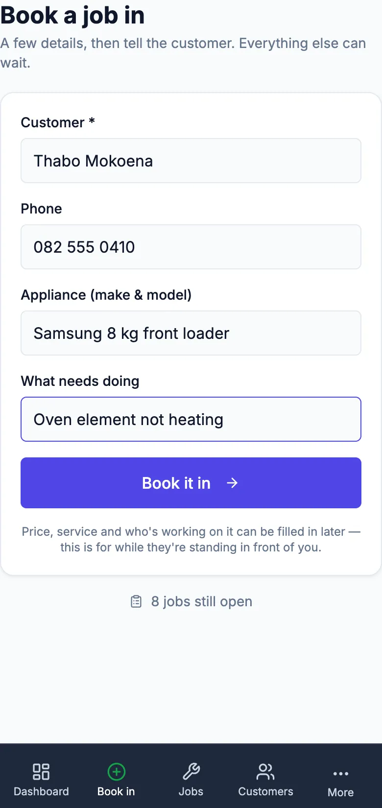 The book-a-job-in screen on a phone for a demo appliance repairer