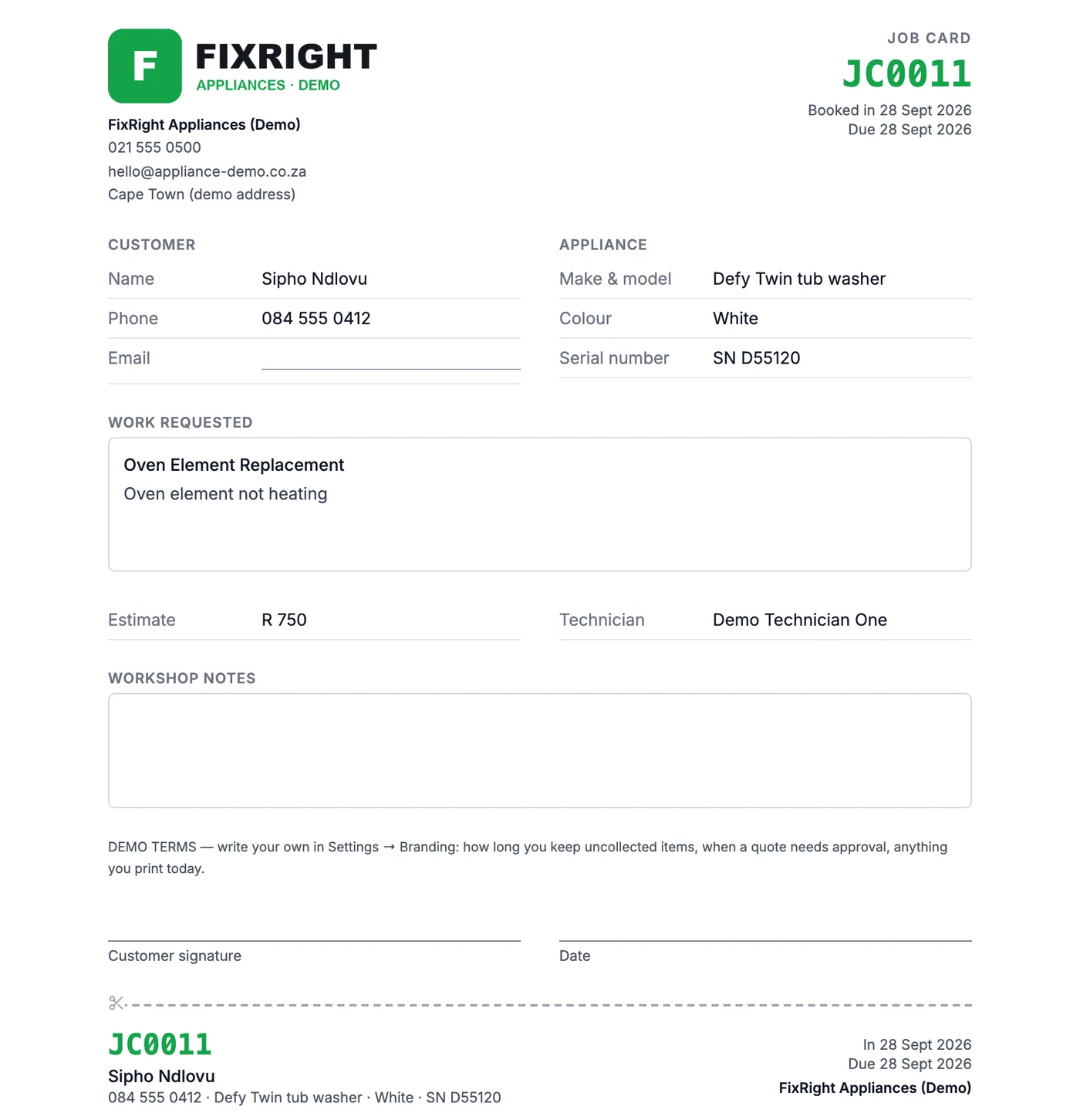 A printed job card for a demo appliance repairer