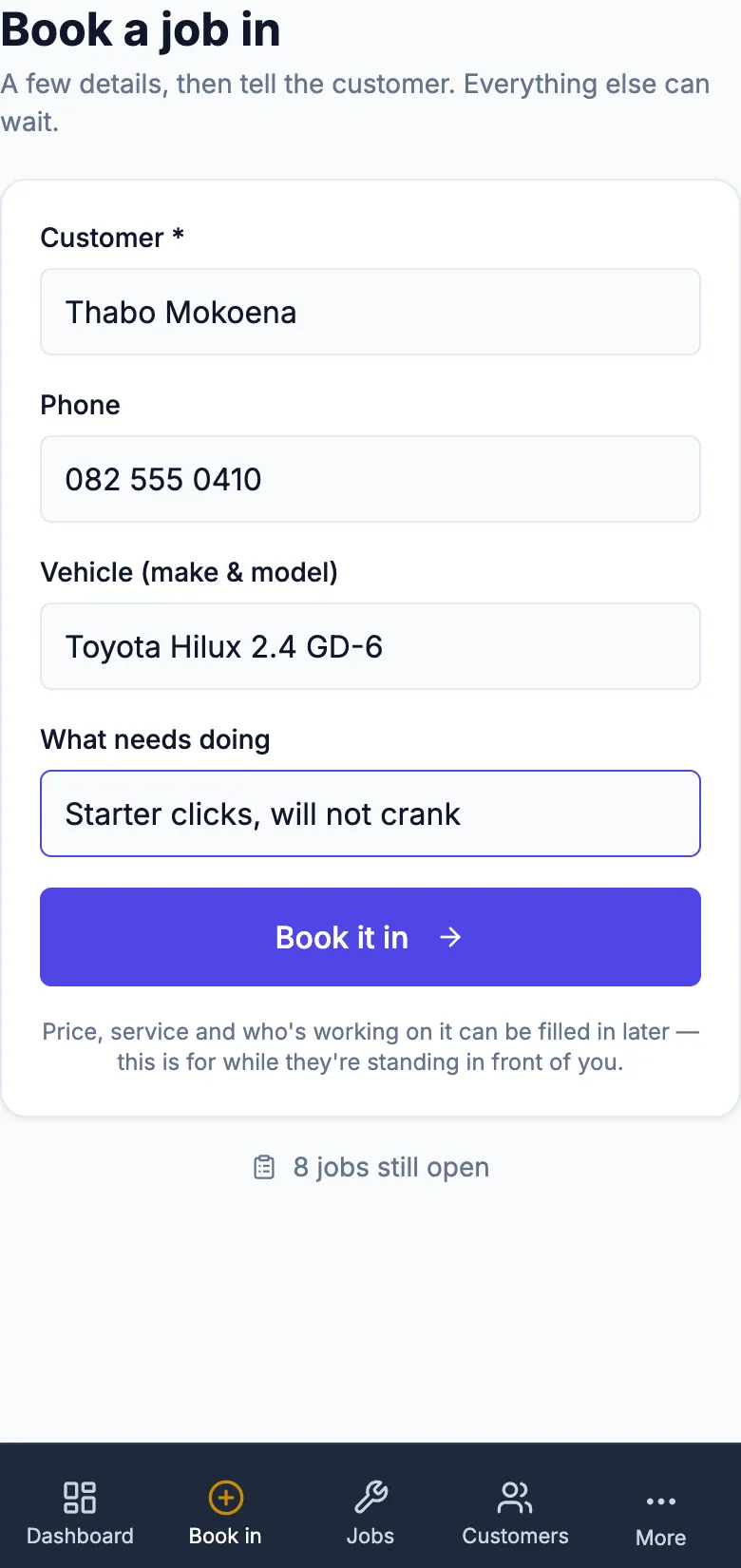The book-a-job-in screen on a phone for a demo auto electrician