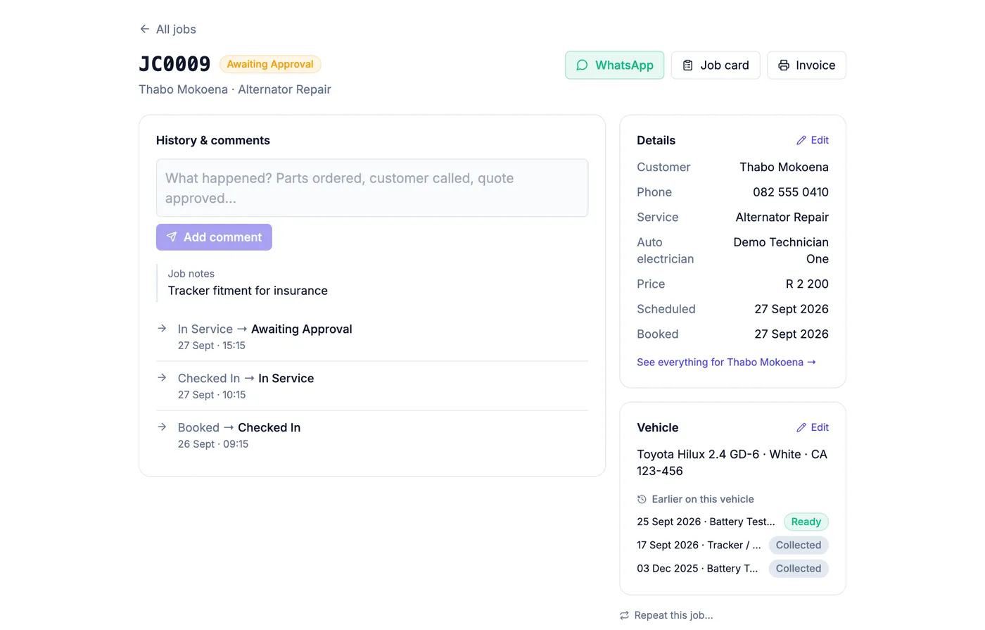 A job page for a demo auto electrician showing earlier work on the same vehicle