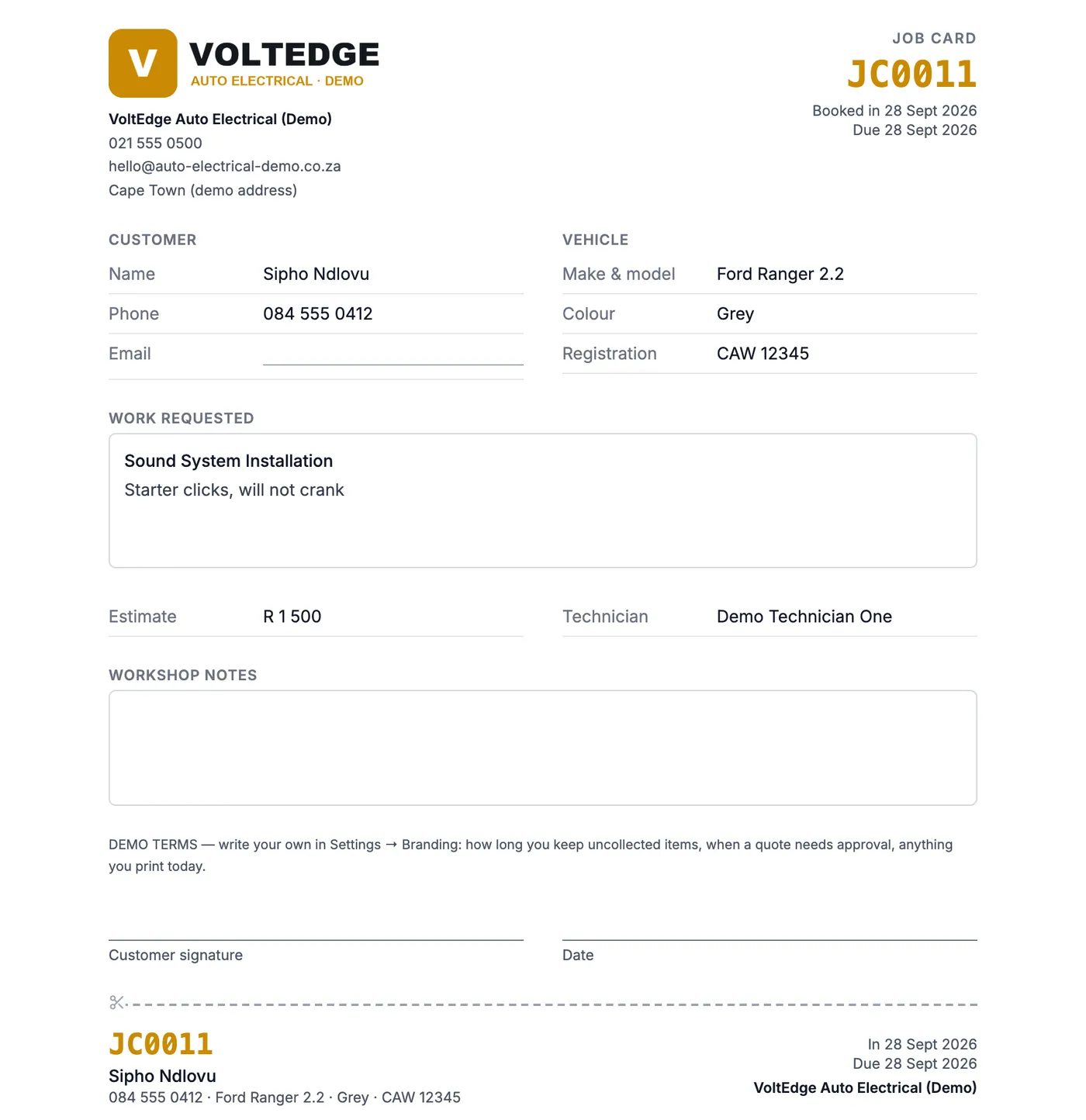 A printed job card for a demo auto electrician