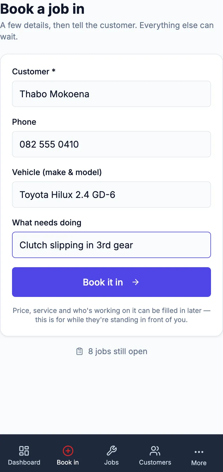 The book-a-job-in screen on a phone for a demo motor workshop