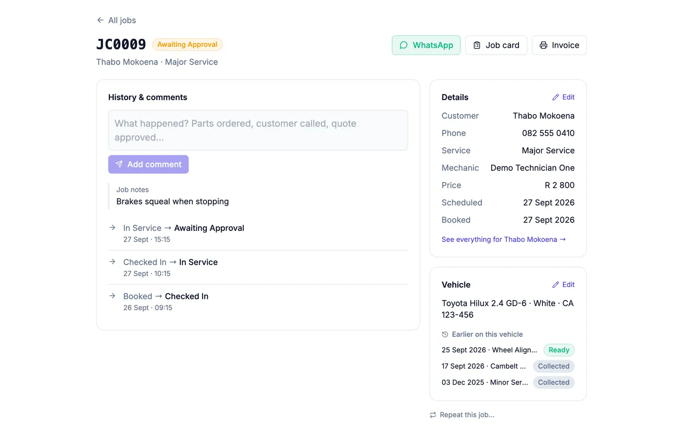 A job page for a demo motor workshop showing earlier work on the same vehicle