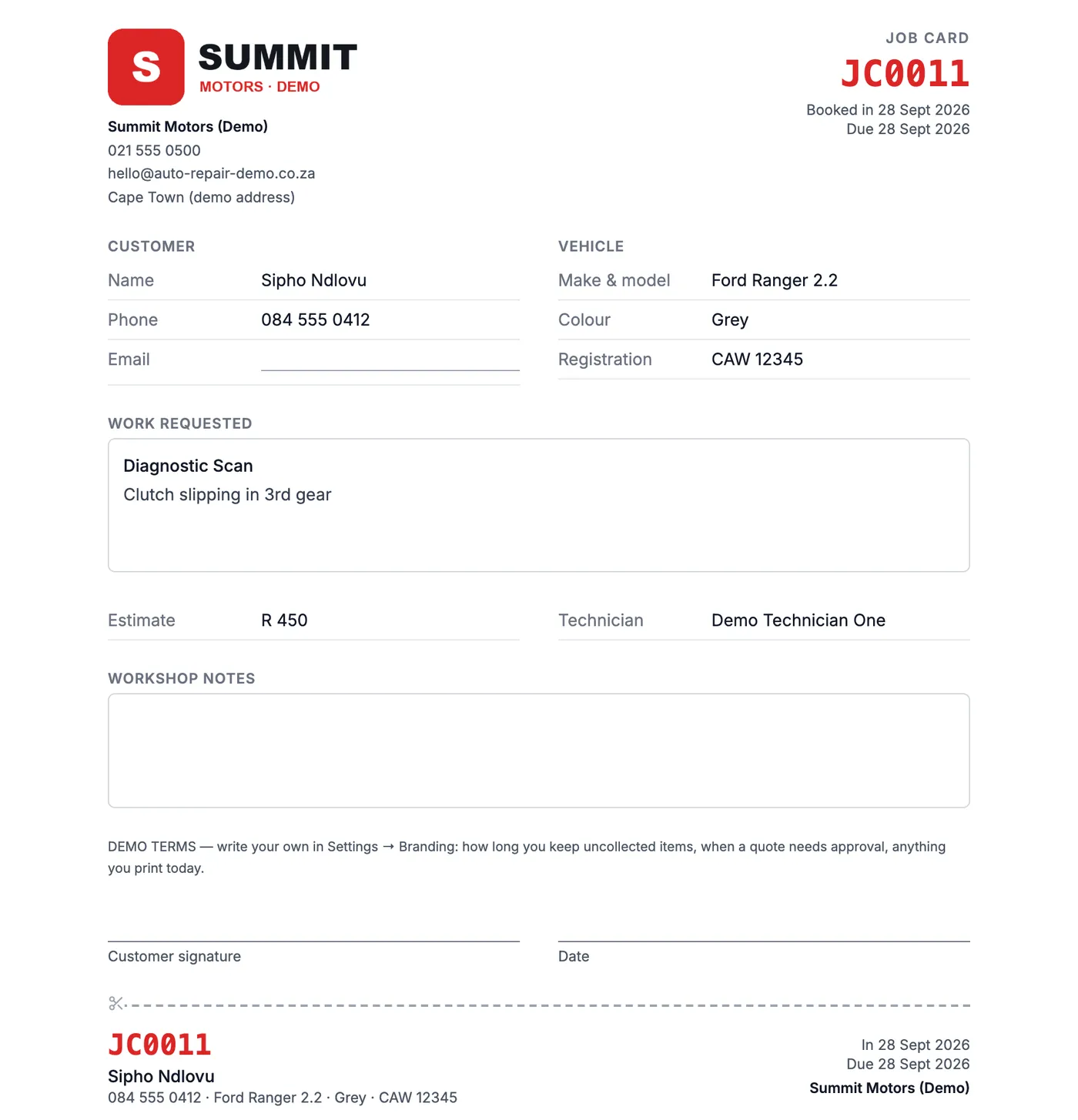 A printed job card for a demo motor workshop