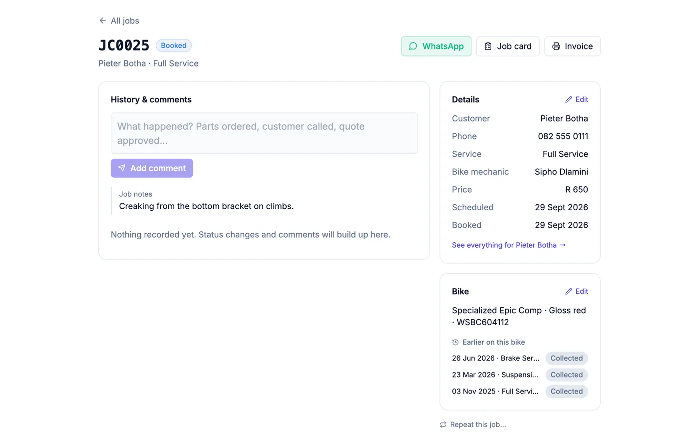 A job page showing the bike and a list of three earlier services on the same bike