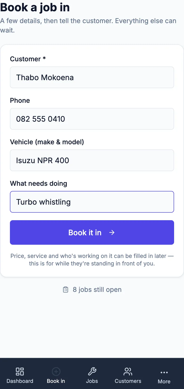 The book-a-job-in screen on a phone for a demo diesel workshop