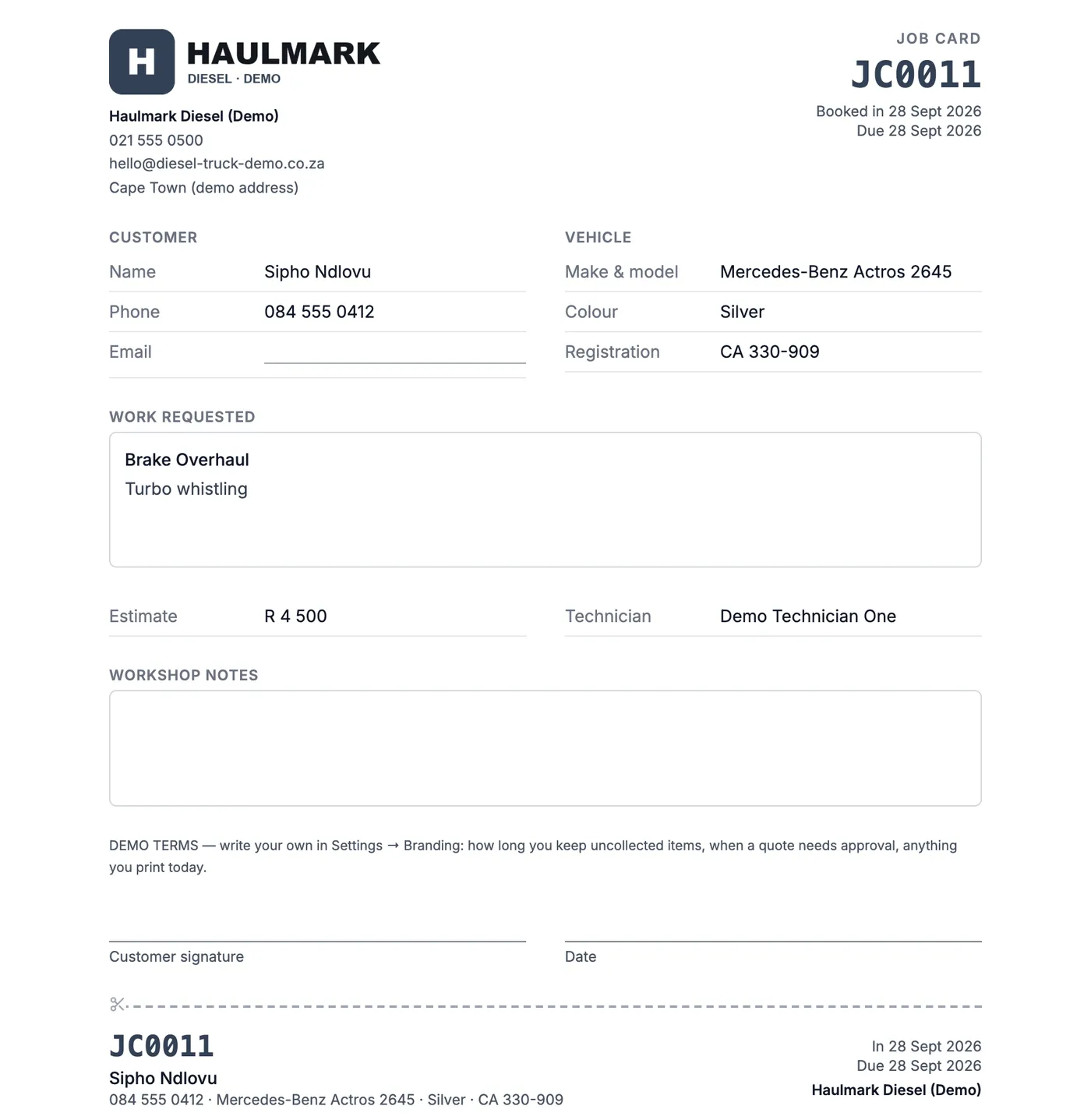A printed job card for a demo diesel workshop