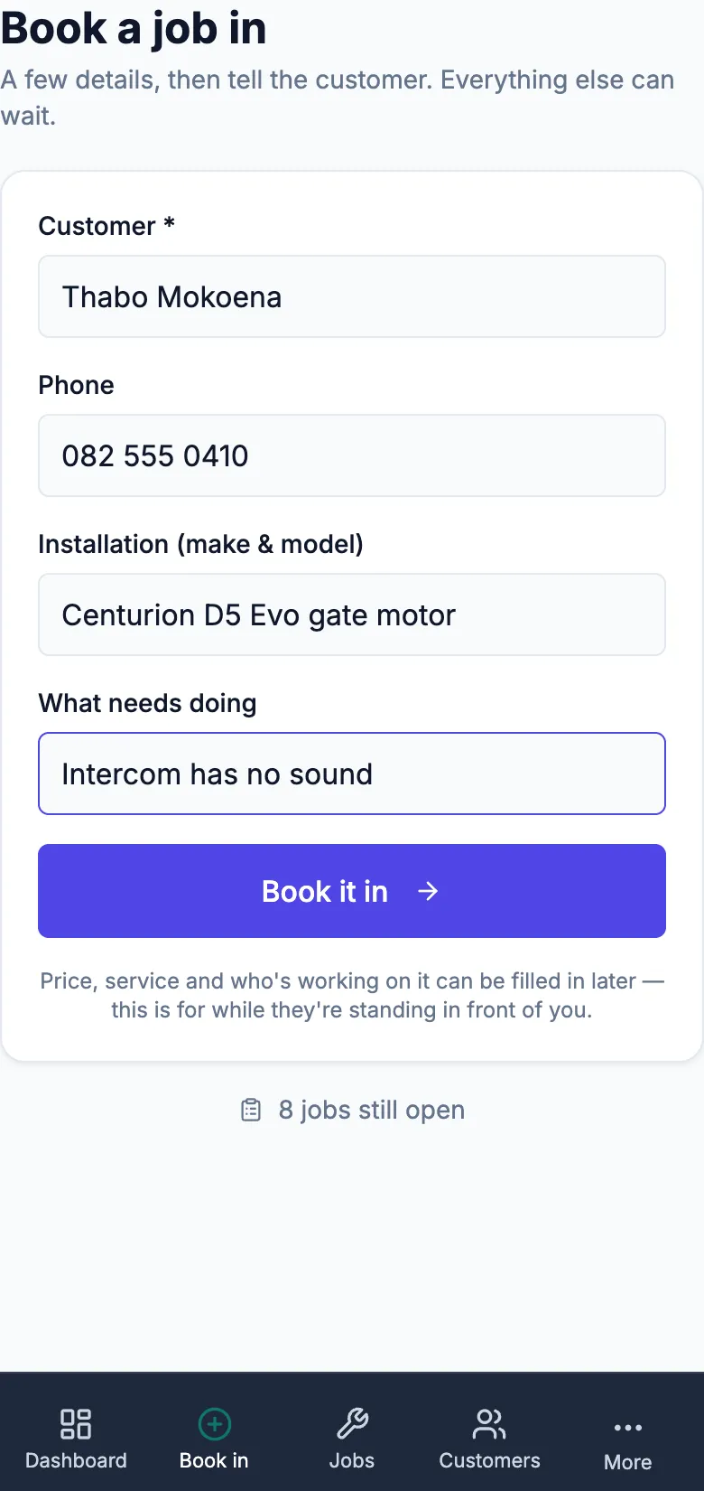 The book-a-job-in screen on a phone for a demo gate and garage door company