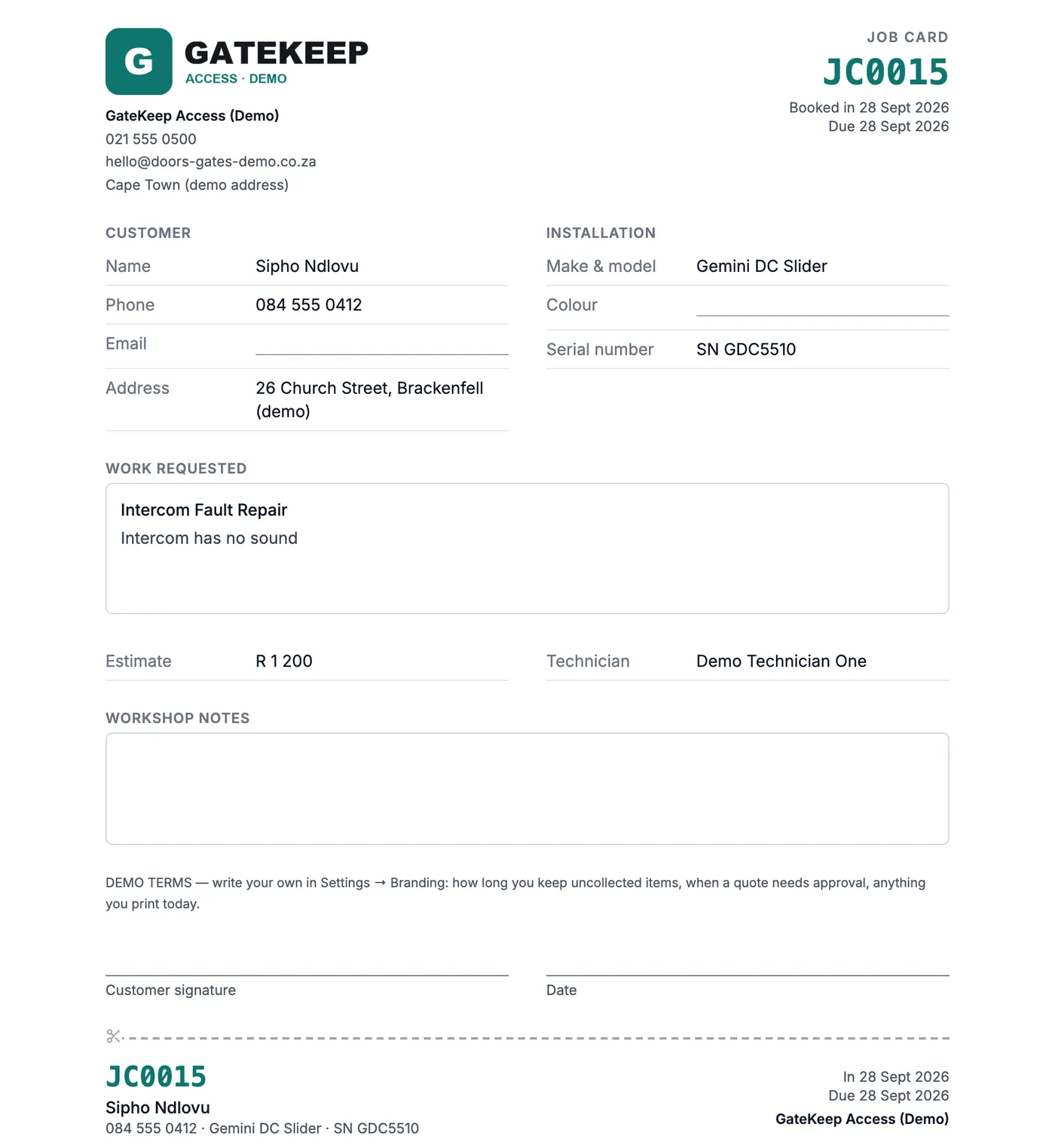 A printed job card for a demo gate and garage door company