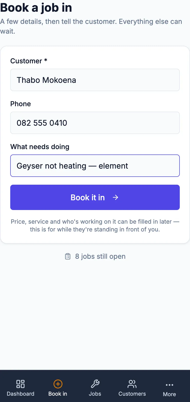 The book-a-job-in screen on a phone for a demo electrical contractor
