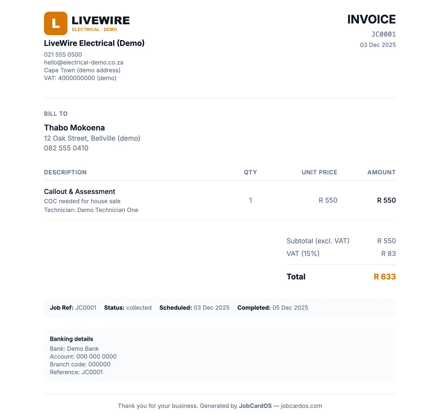 An invoice for a demo electrical contractor
