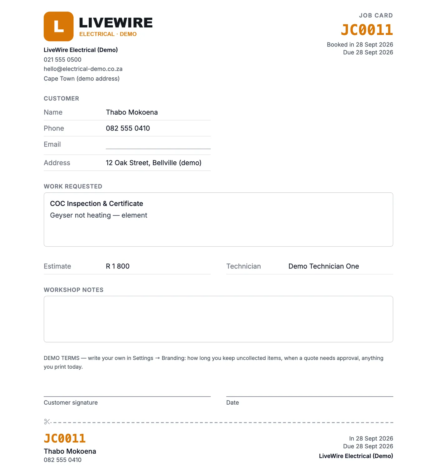 A printed job card for a demo electrical contractor