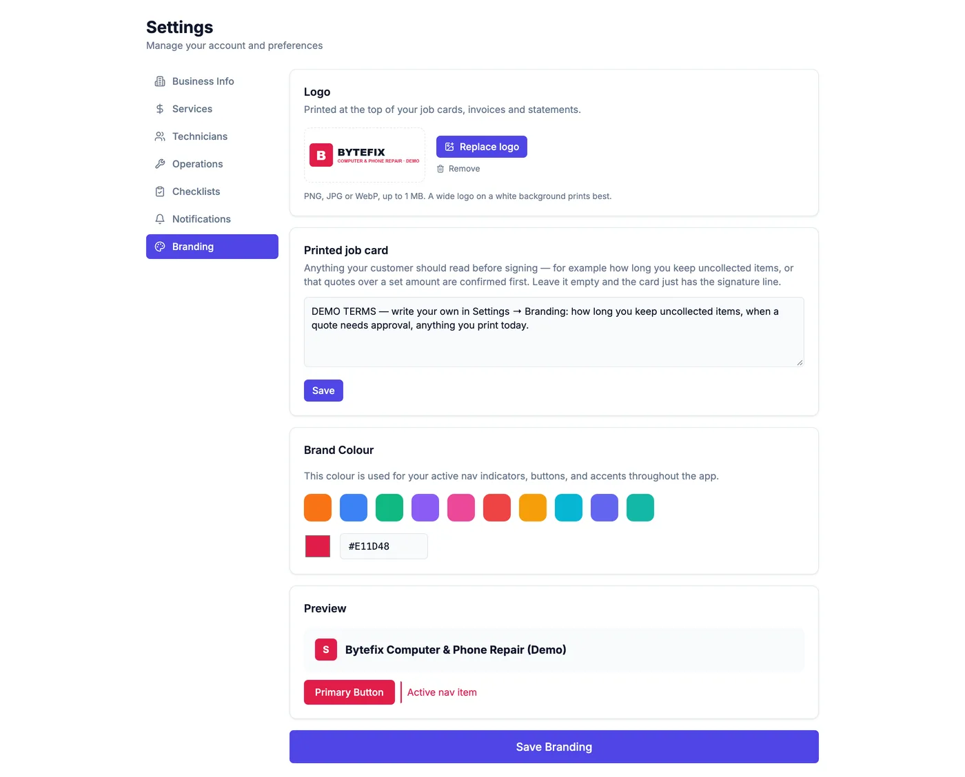Branding settings for a demo computer and phone repair shop with its logo uploaded and job card terms filled in