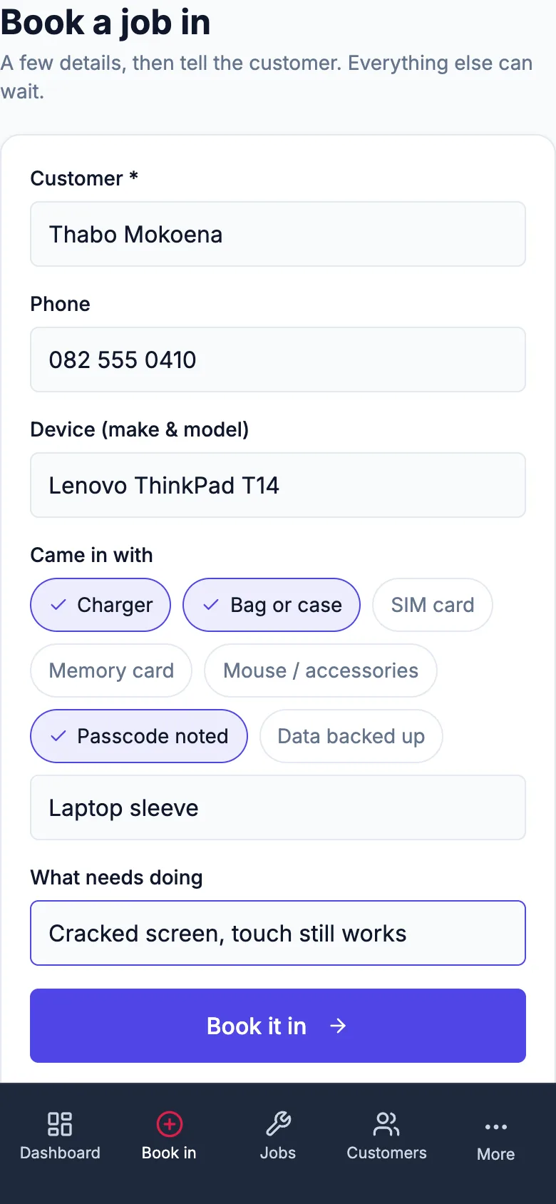 The book-a-job-in screen on a phone for a demo computer and phone repair shop