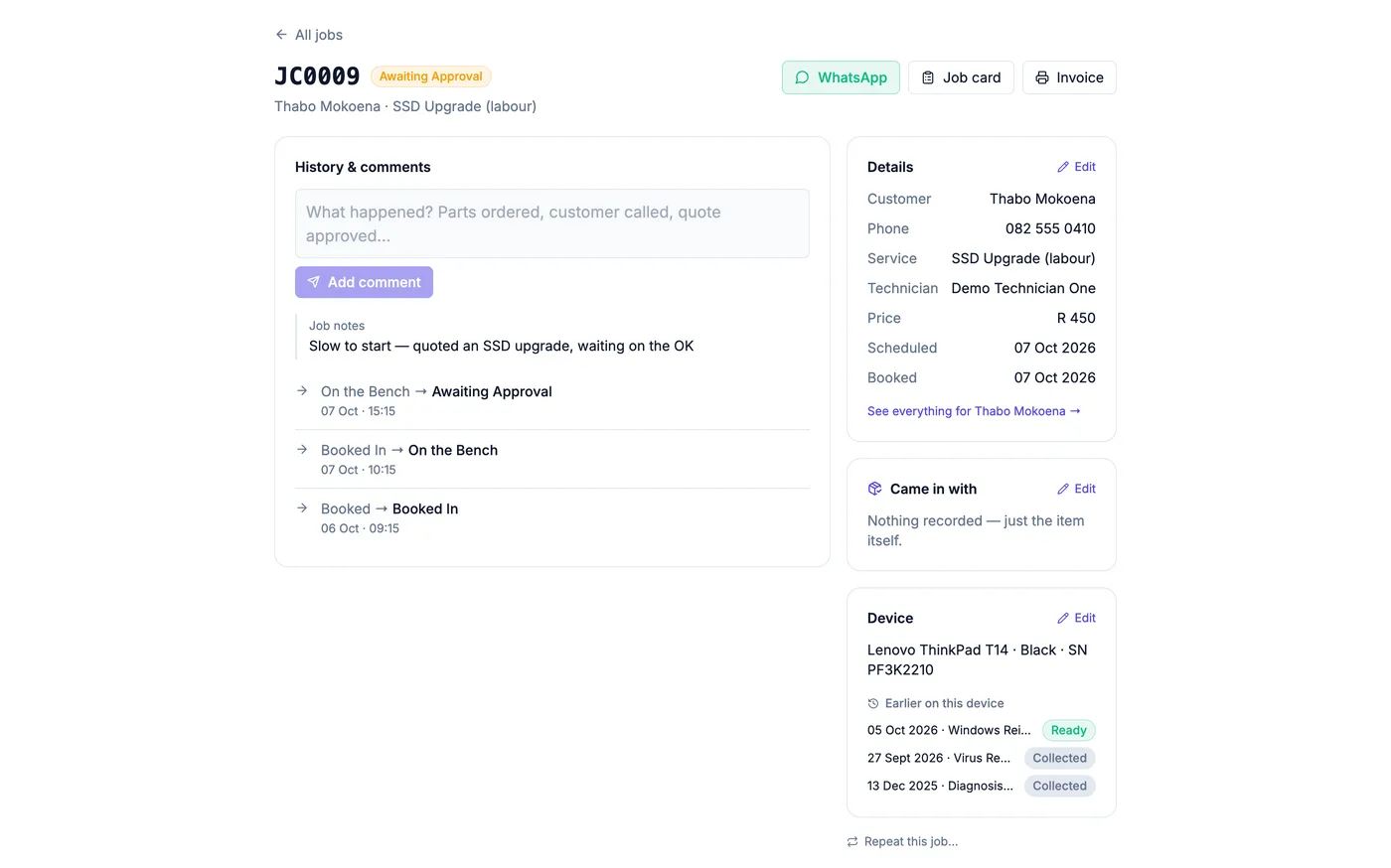 A job page for a demo computer and phone repair shop showing earlier work on the same device