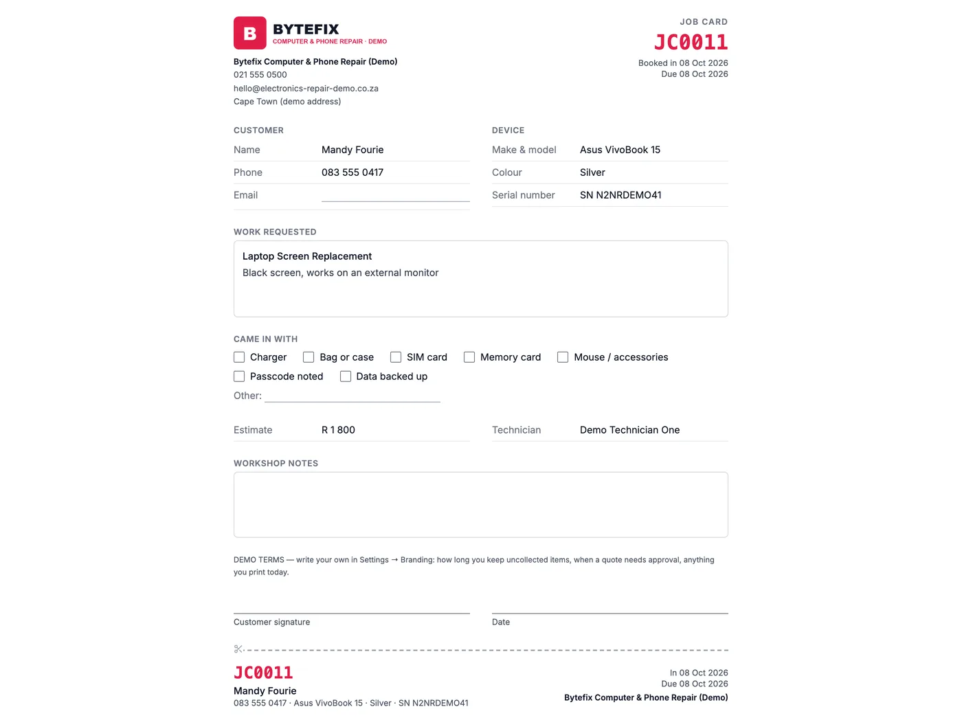 A printed job card for a demo computer and phone repair shop