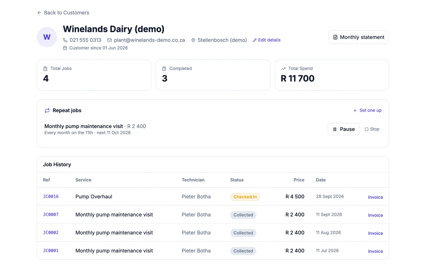 A client page showing a monthly maintenance contract and its next visit