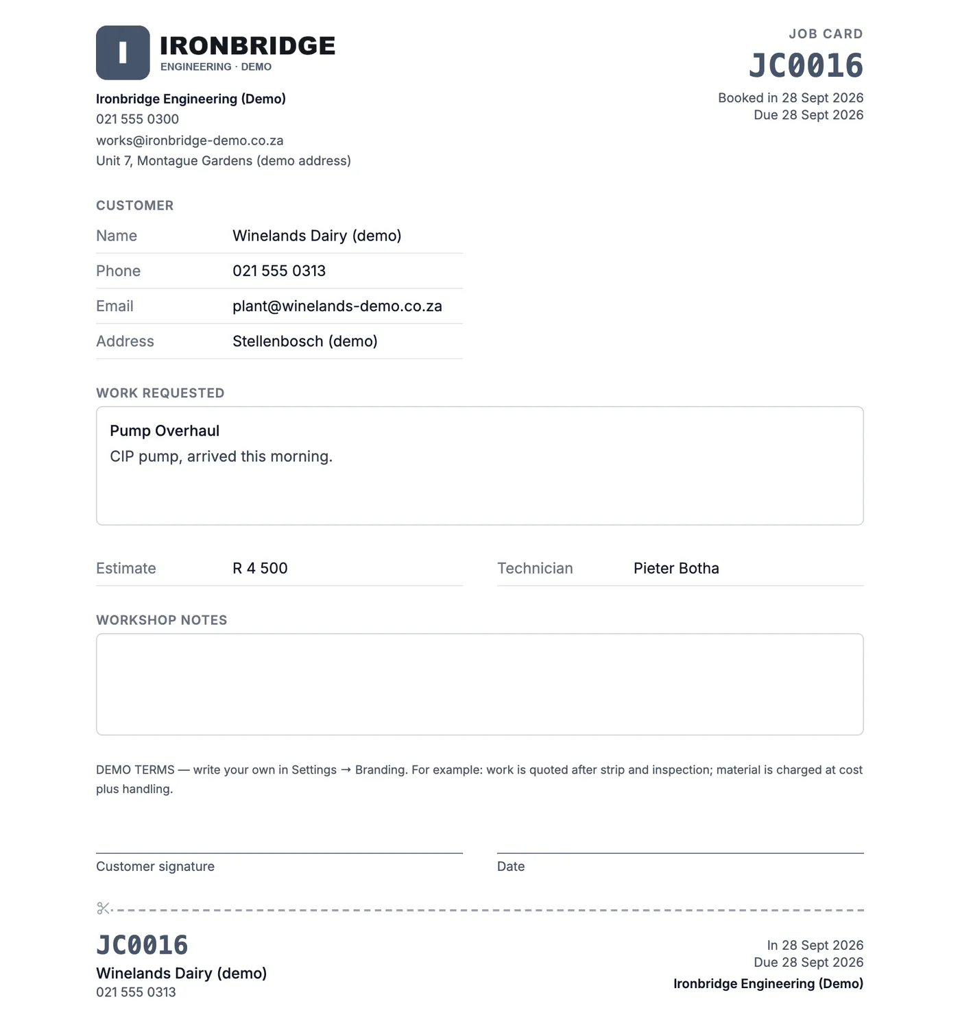 A printed engineering job card with logo, client, work requested and signature line