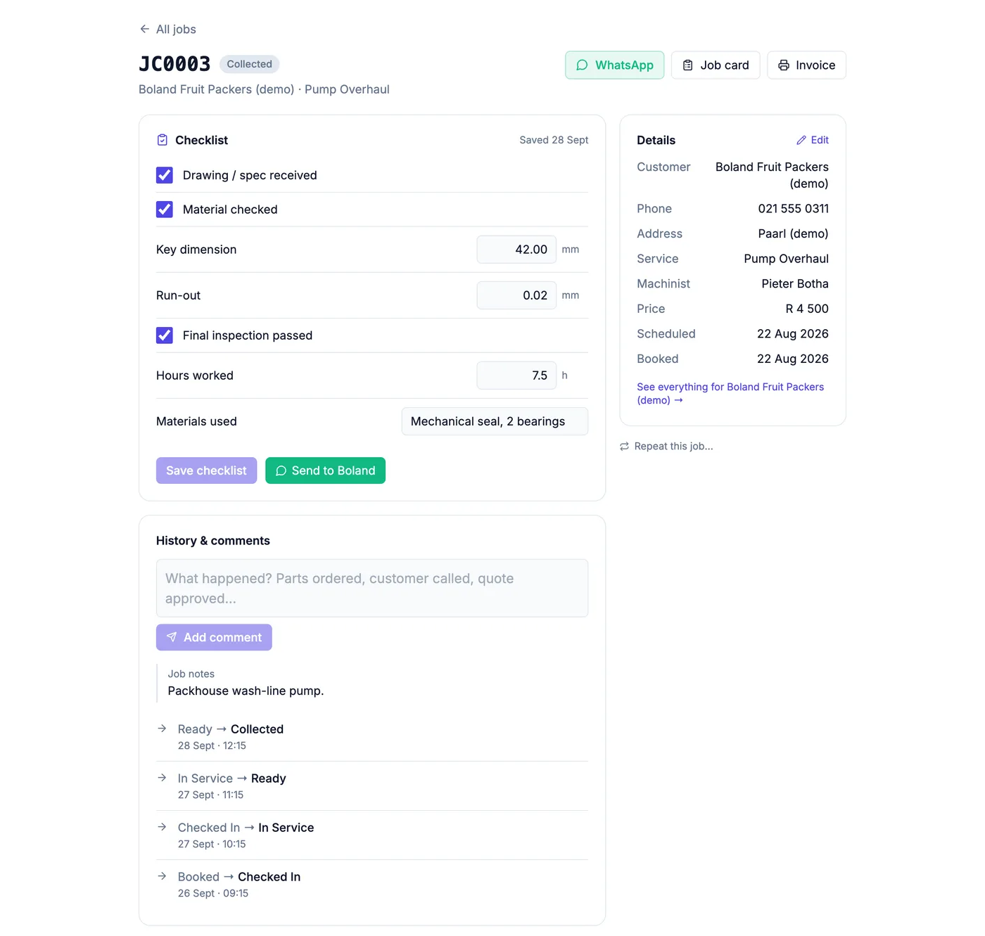 An engineering job page with measurements, hours and materials recorded