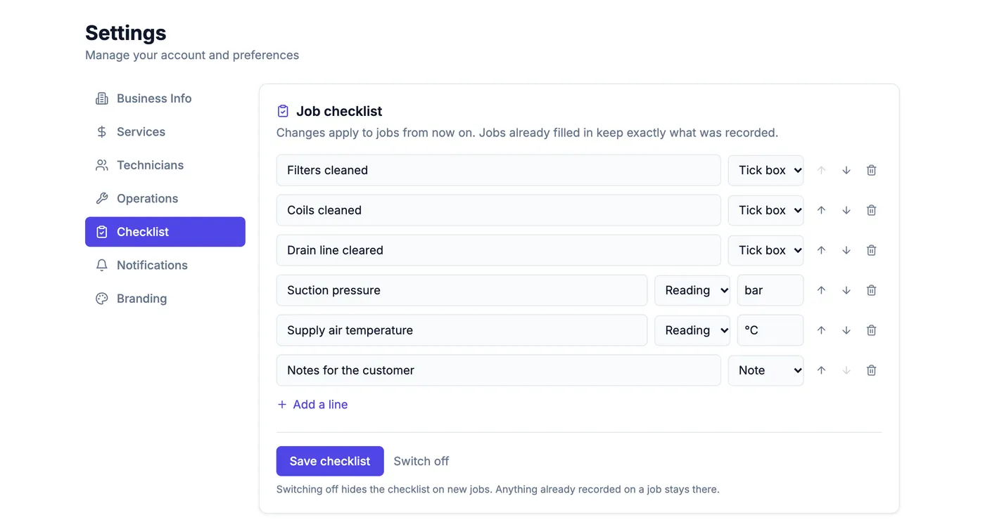 Checklist settings for a demo HVAC company