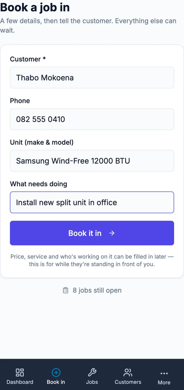 The book-a-job-in screen on a phone for a demo HVAC company