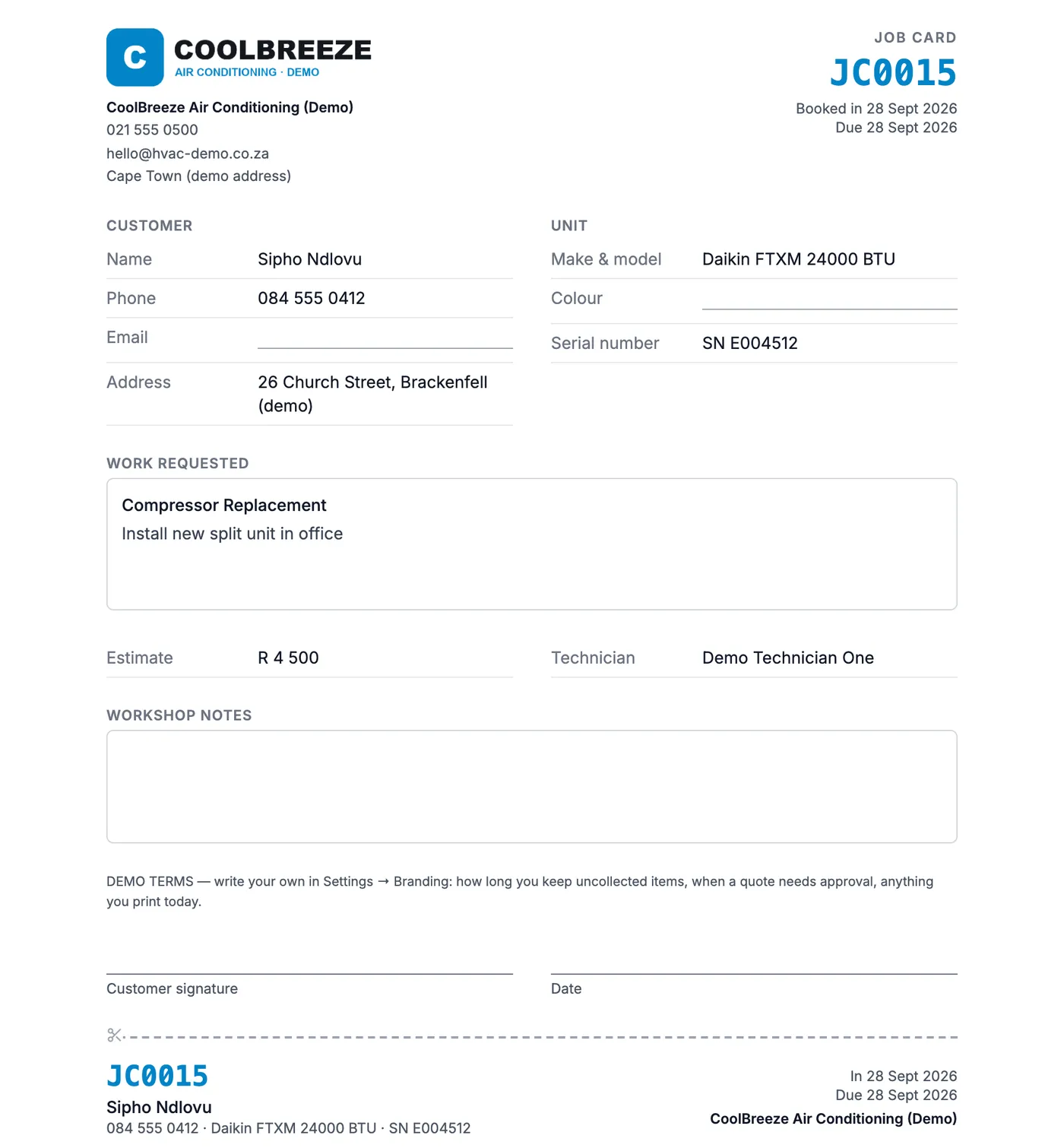 A printed job card for a demo HVAC company