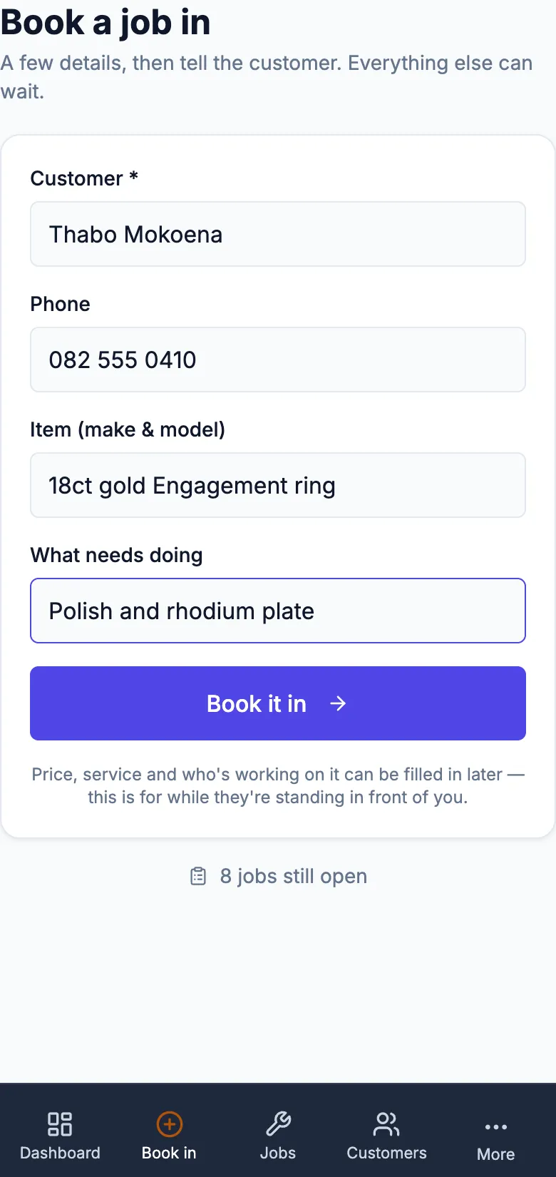 The book-a-job-in screen on a phone for a demo jeweller