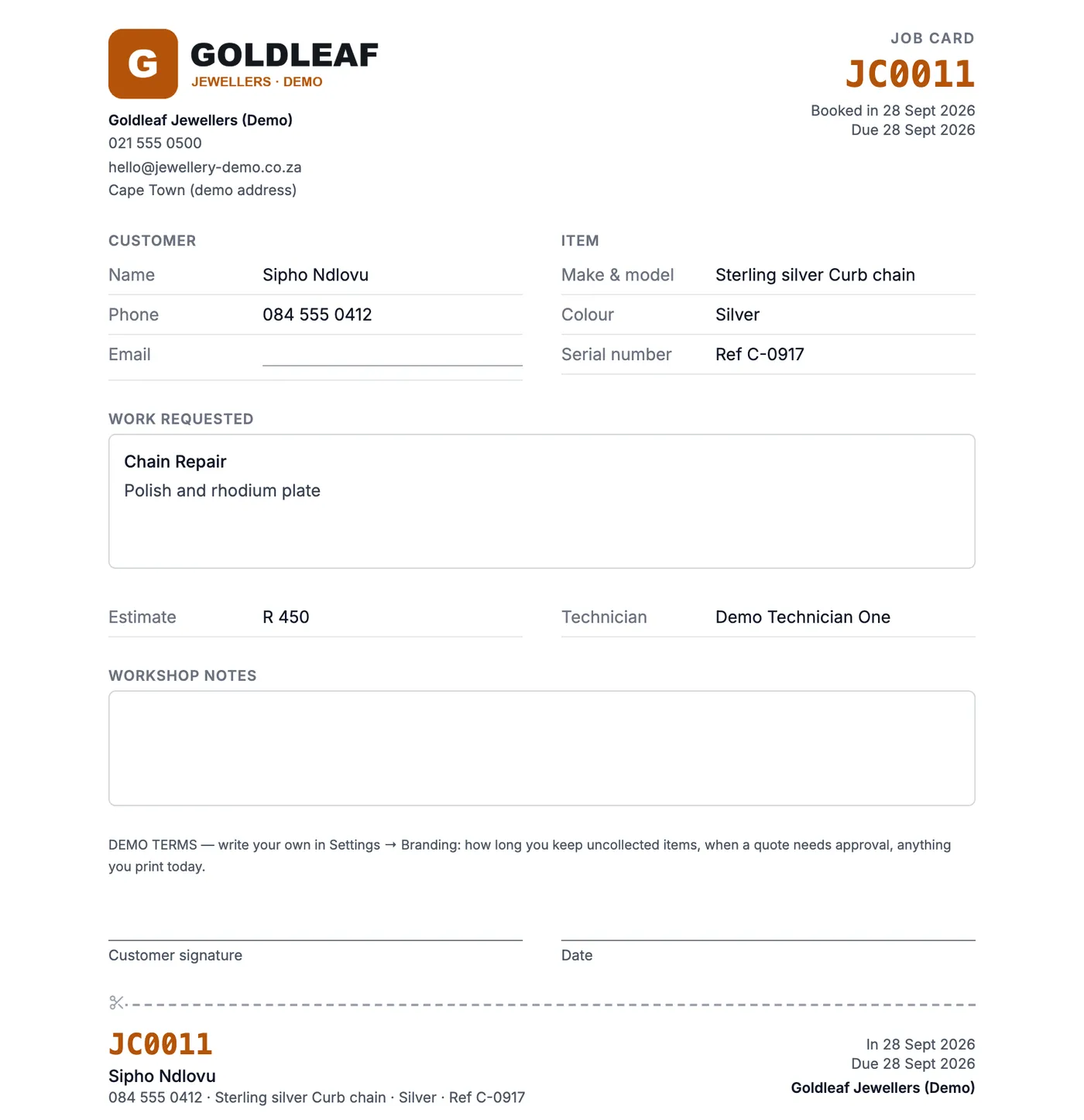 A printed job card for a demo jeweller