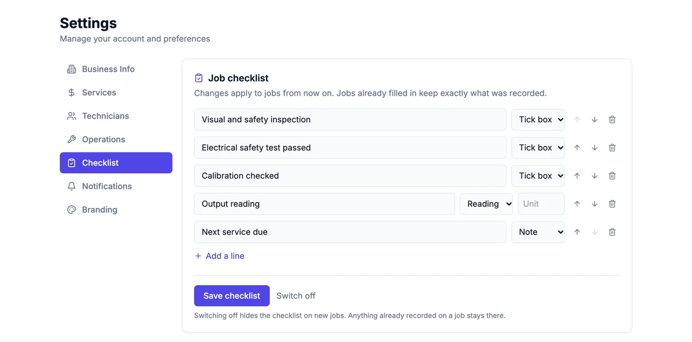 Checklist settings for a demo medical equipment service company
