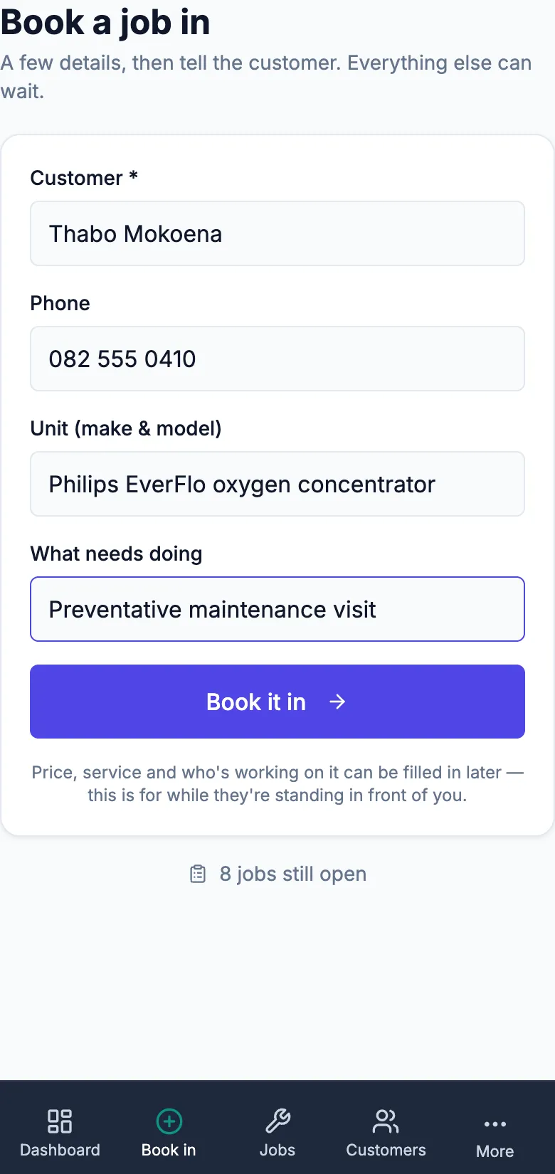 The book-a-job-in screen on a phone for a demo medical equipment service company