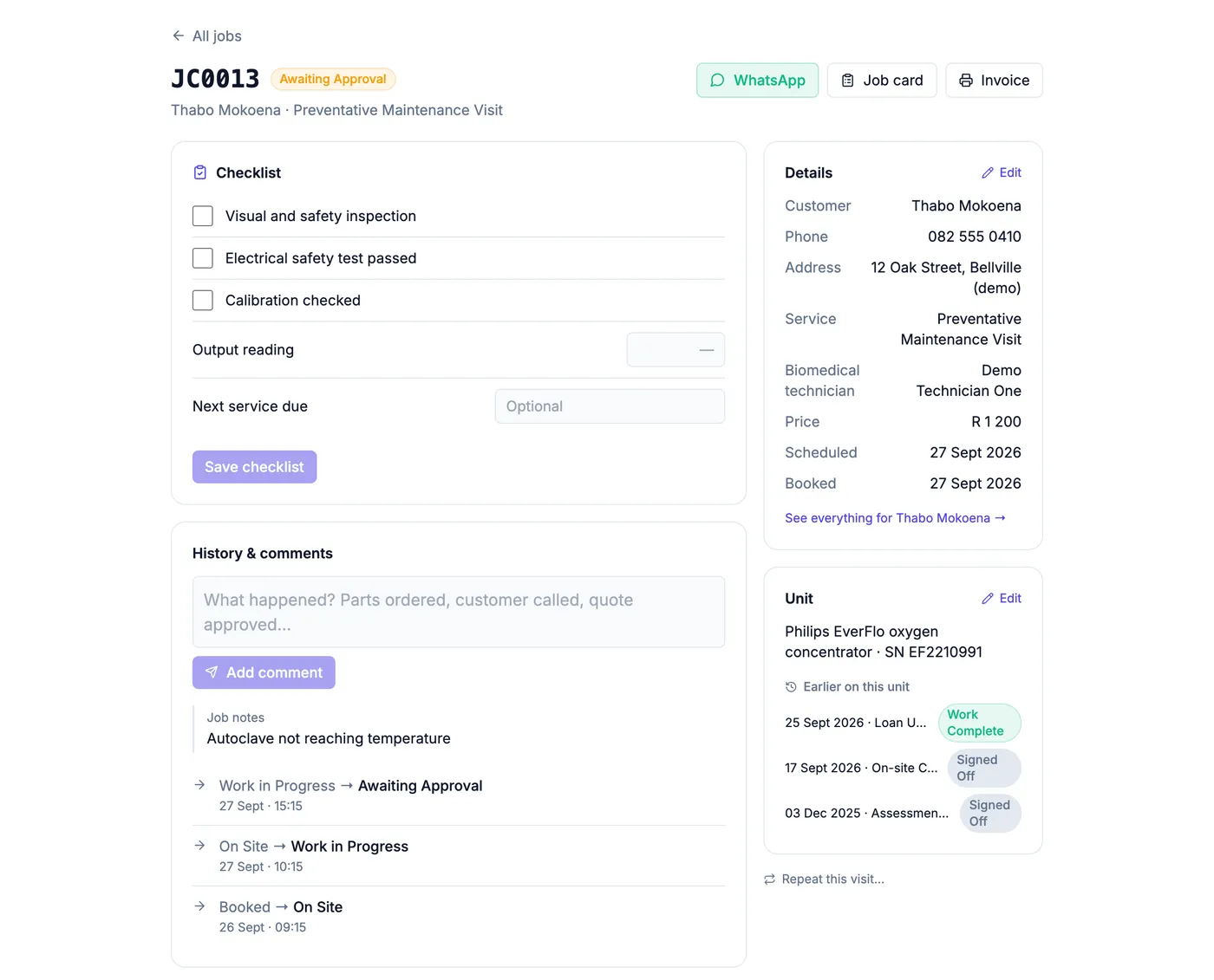 A job page for a demo medical equipment service company showing earlier work on the same unit
