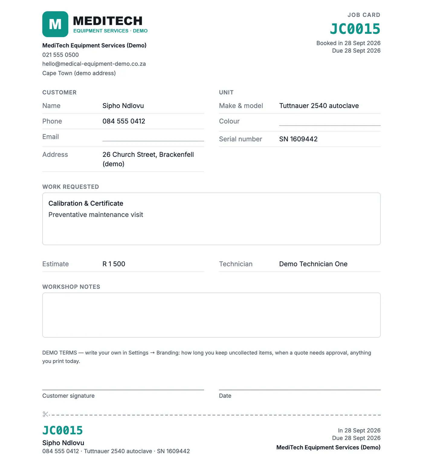 A printed job card for a demo medical equipment service company