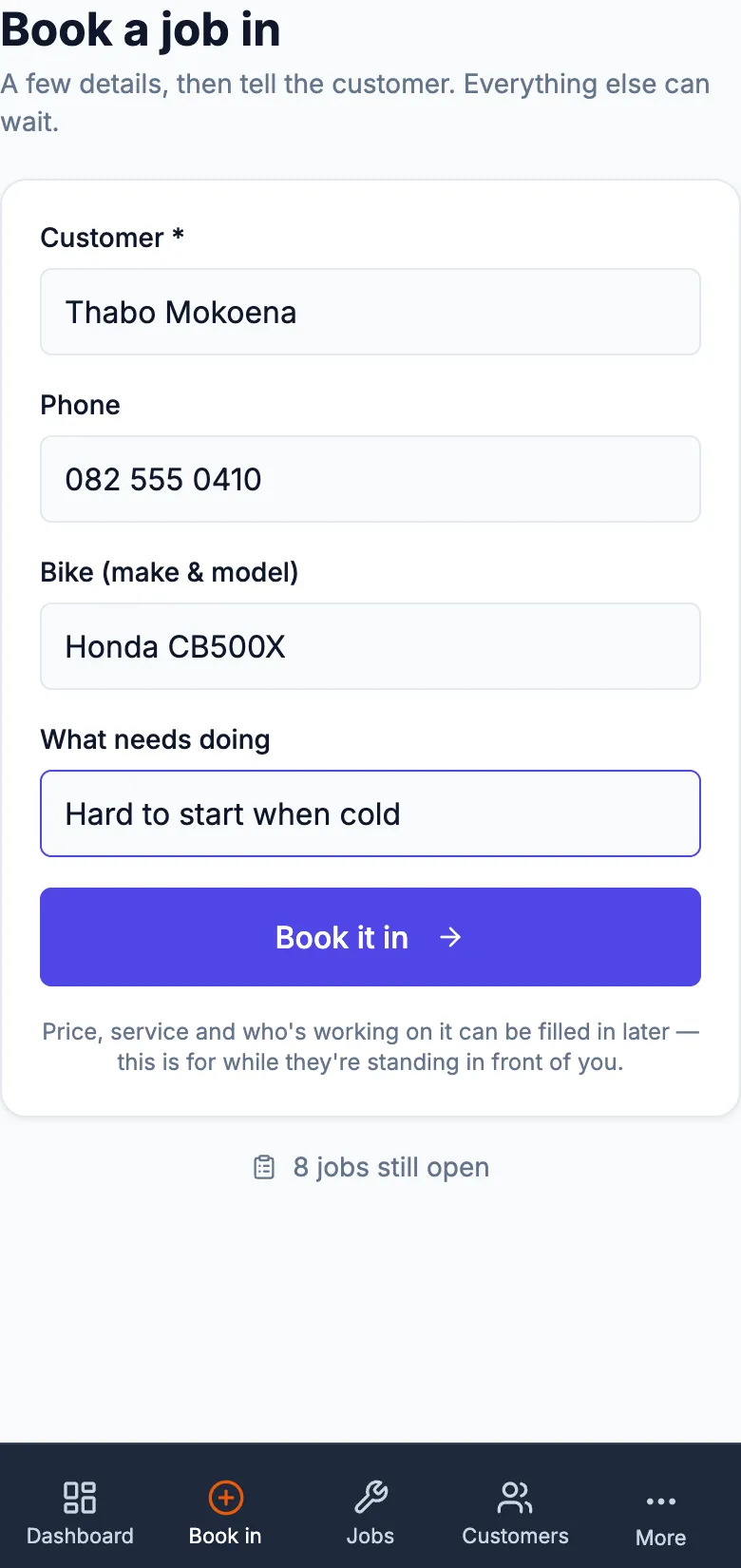 The book-a-job-in screen on a phone for a demo motorcycle workshop