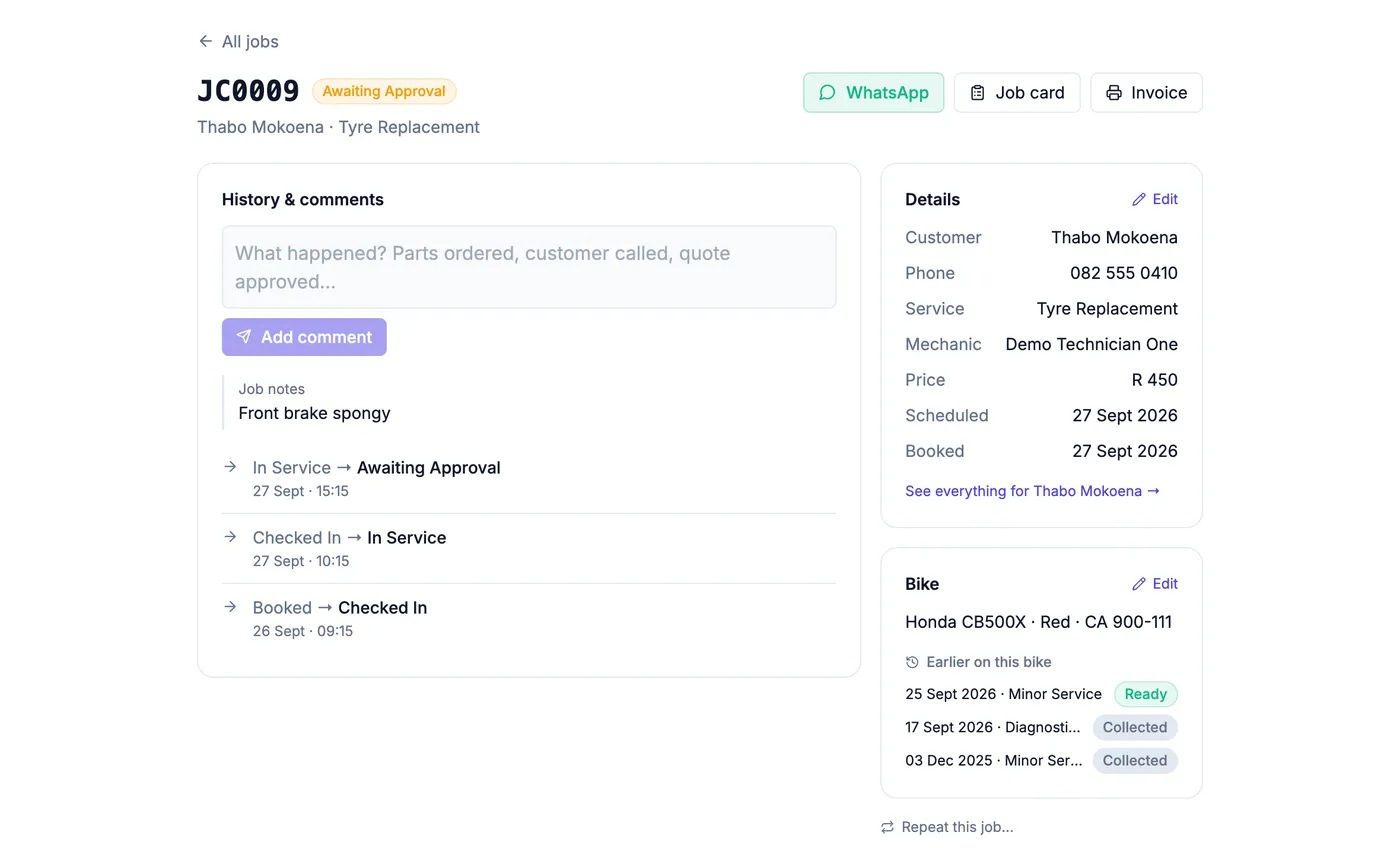 A job page for a demo motorcycle workshop showing earlier work on the same bike