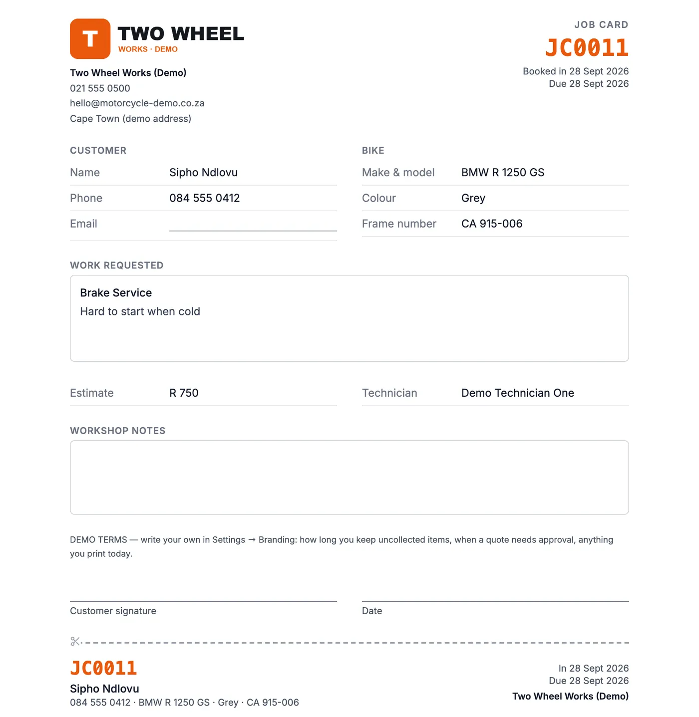 A printed job card for a demo motorcycle workshop