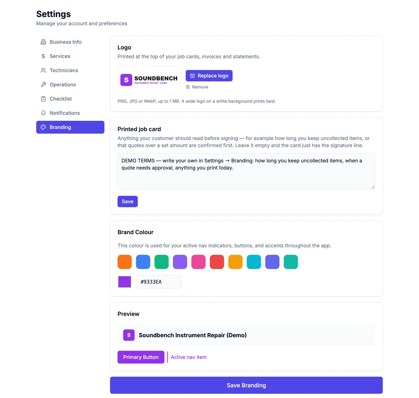 Branding settings for a demo instrument repair shop with its logo uploaded and job card terms filled in
