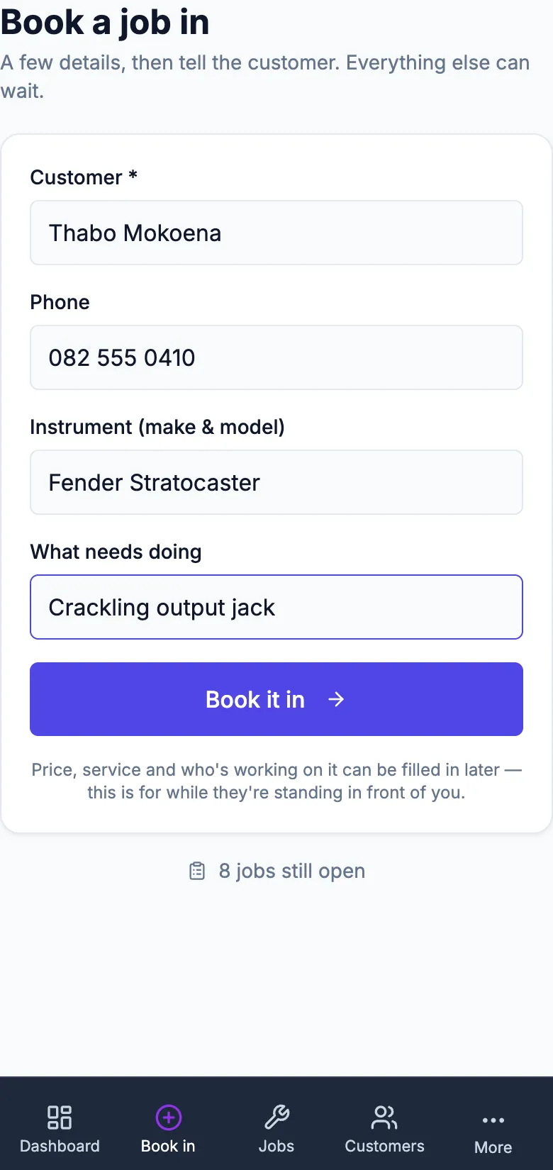 The book-a-job-in screen on a phone for a demo instrument repair shop
