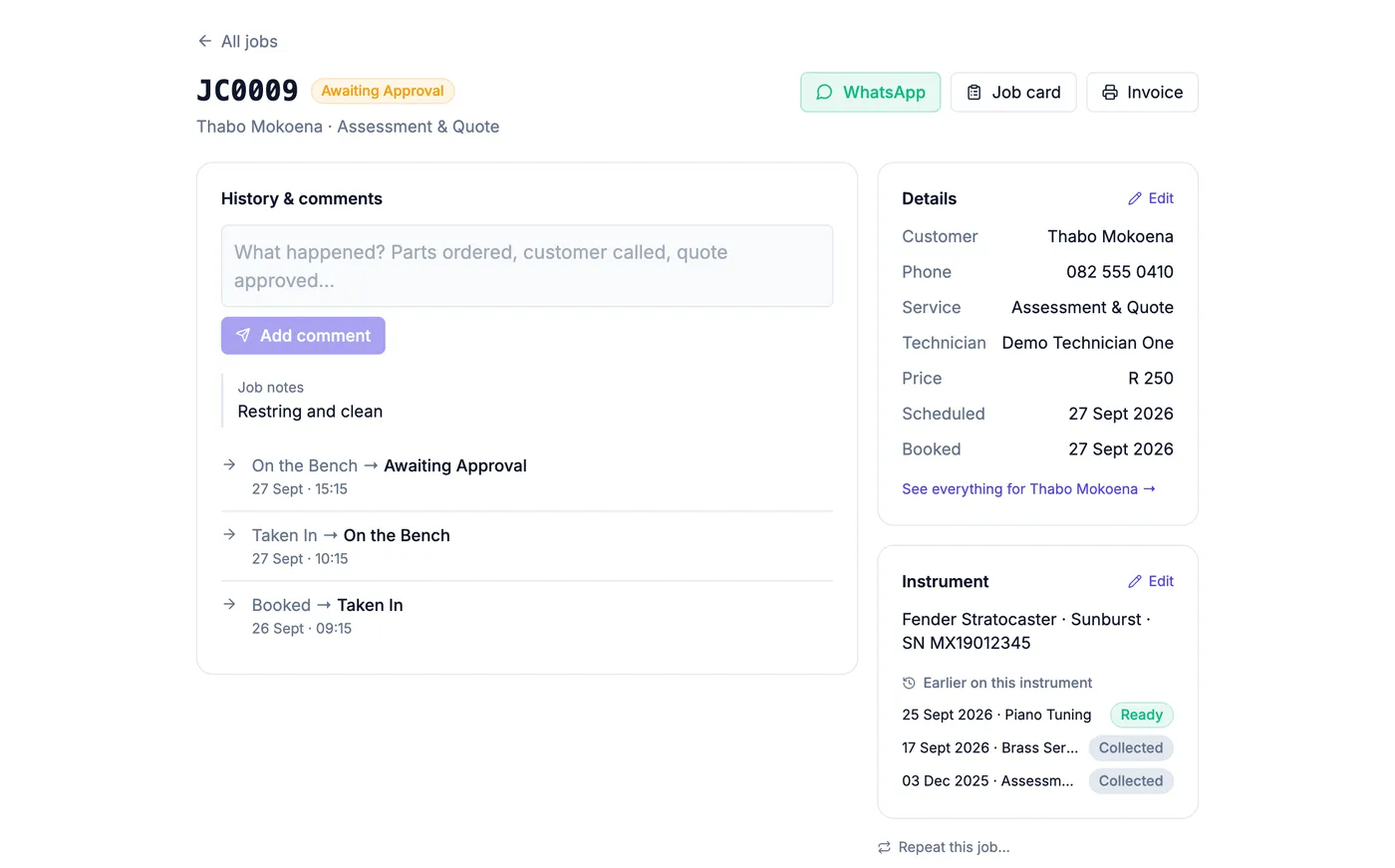 A job page for a demo instrument repair shop showing earlier work on the same instrument