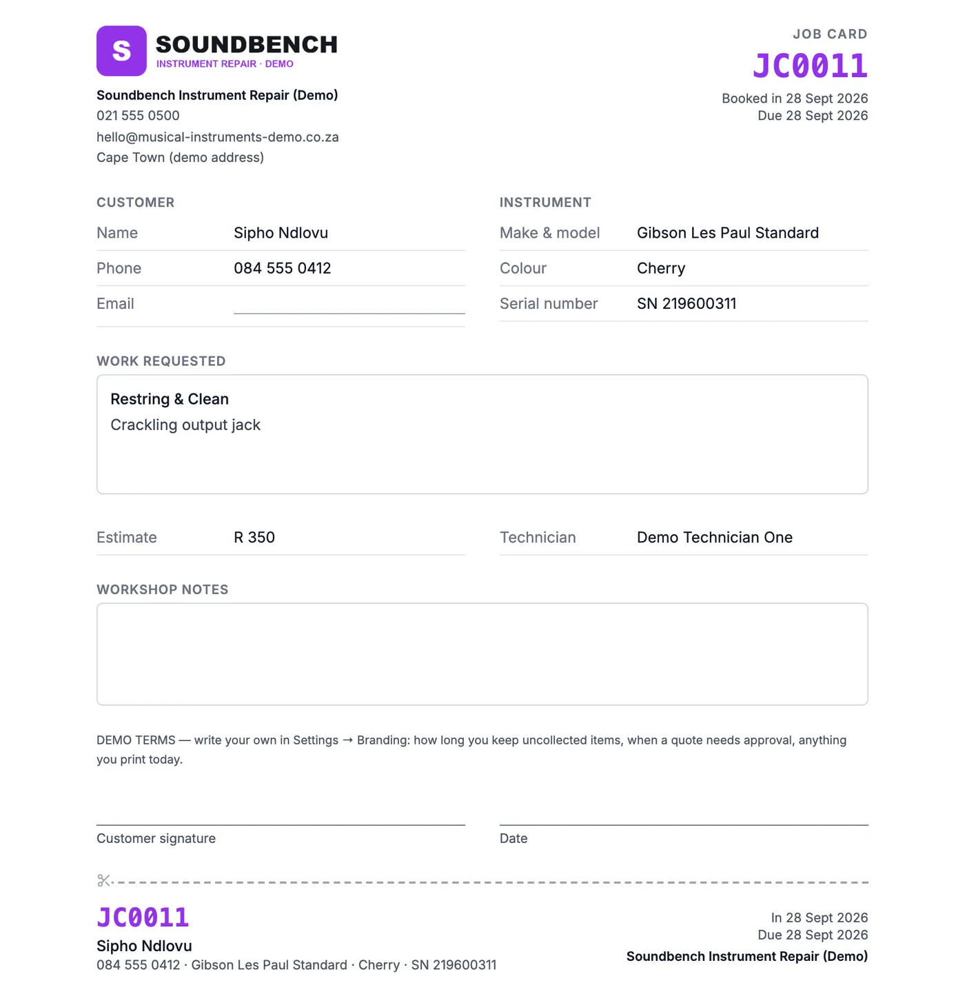 A printed job card for a demo instrument repair shop