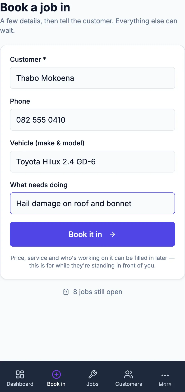 The book-a-job-in screen on a phone for a demo panel shop
