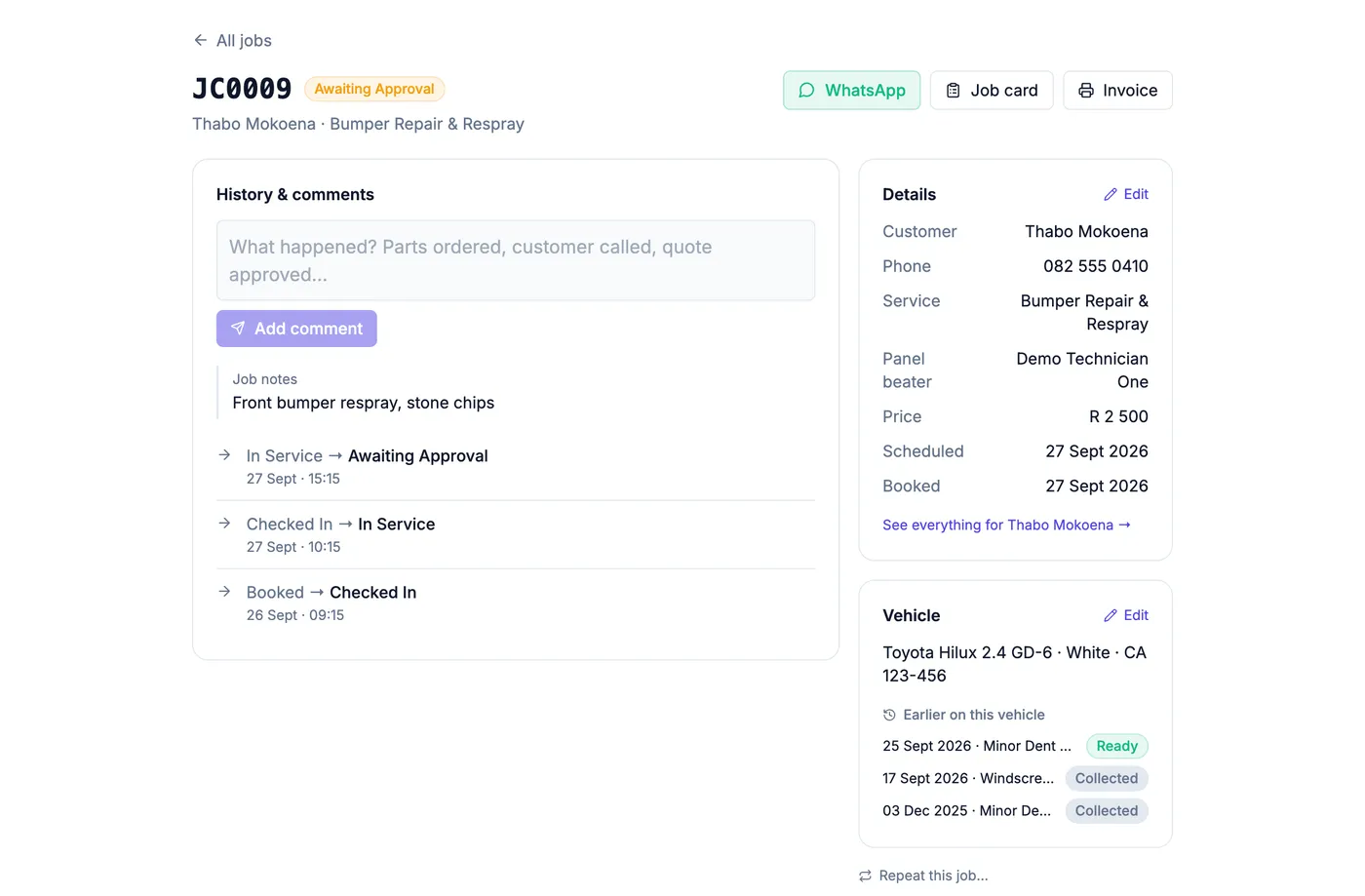 A job page for a demo panel shop showing earlier work on the same vehicle