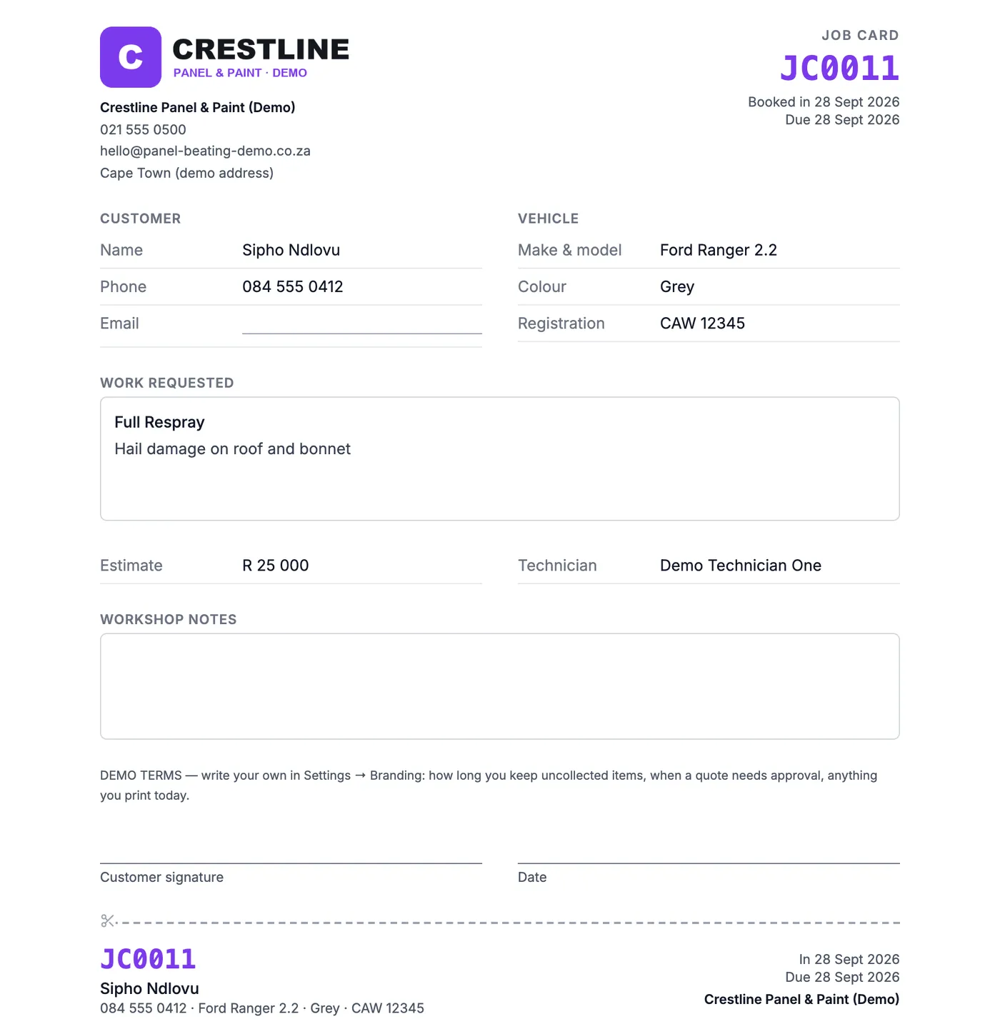 A printed job card for a demo panel shop