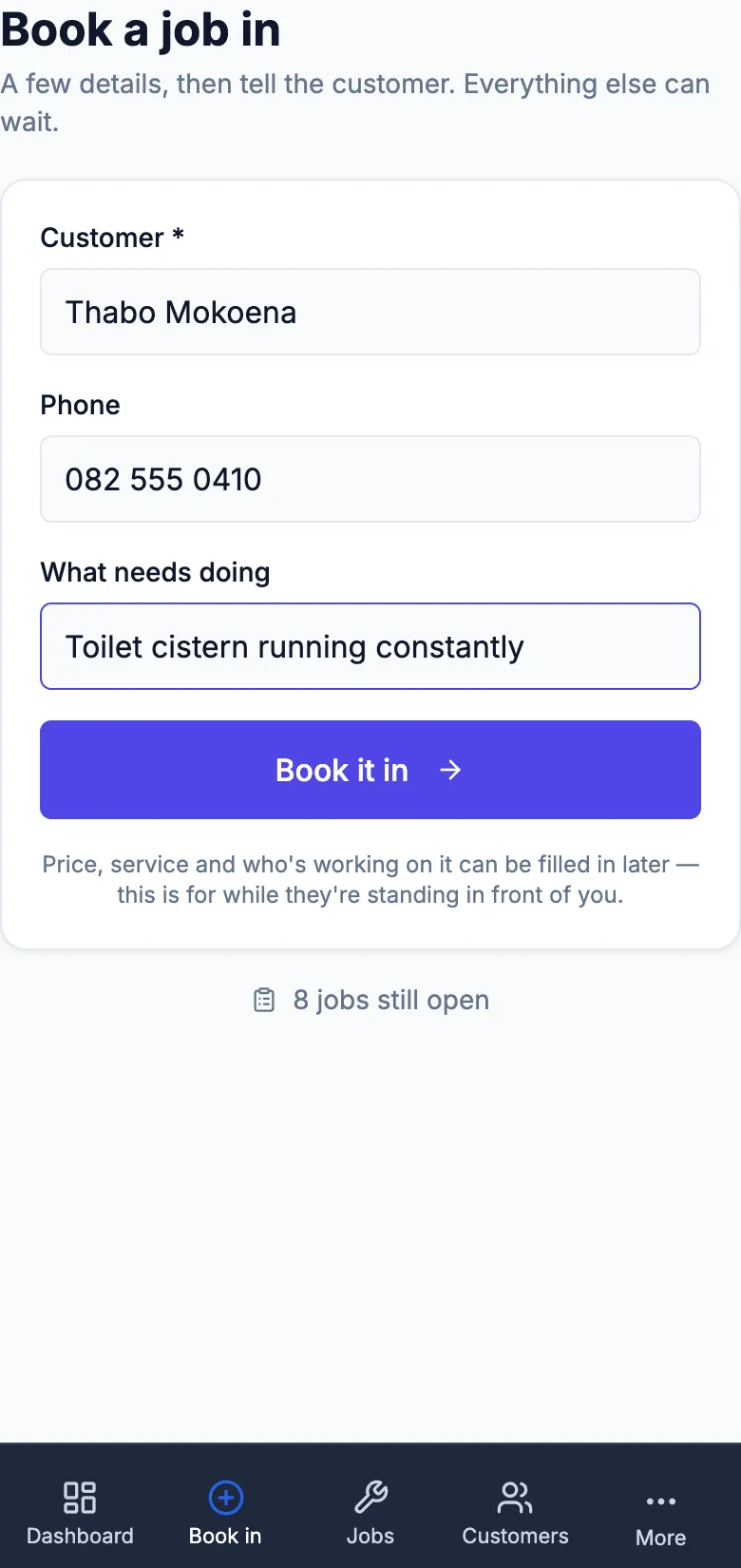 The book-a-job-in screen on a phone for a demo plumbing business
