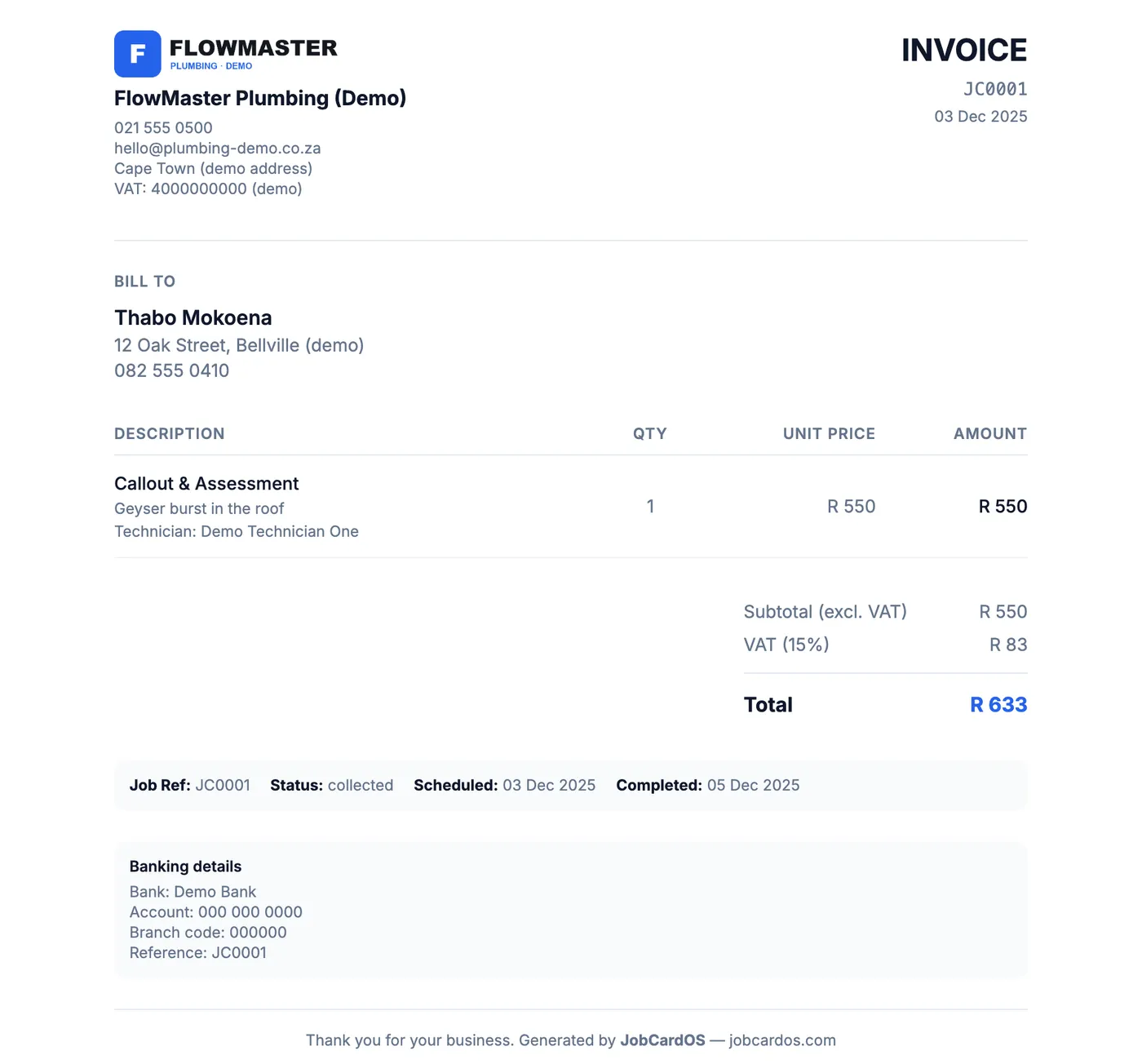 An invoice for a demo plumbing business