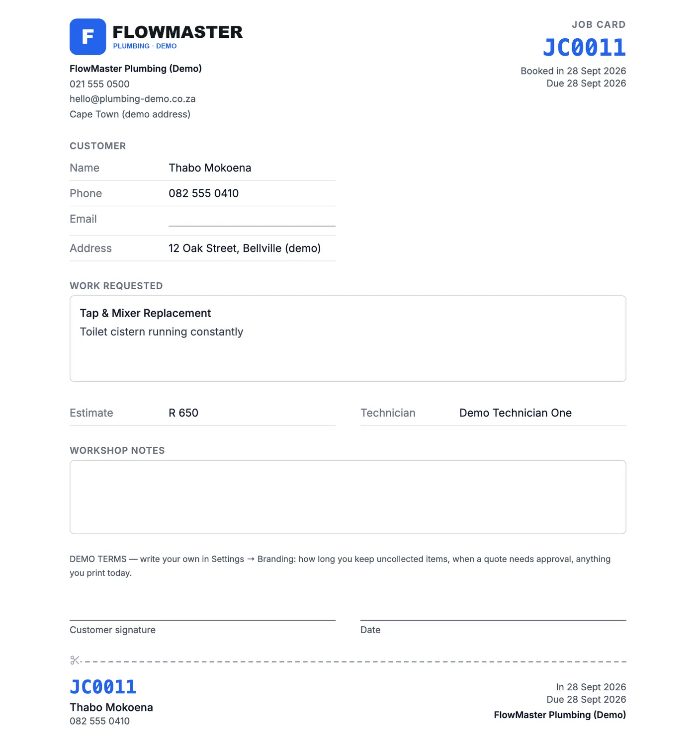 A printed job card for a demo plumbing business
