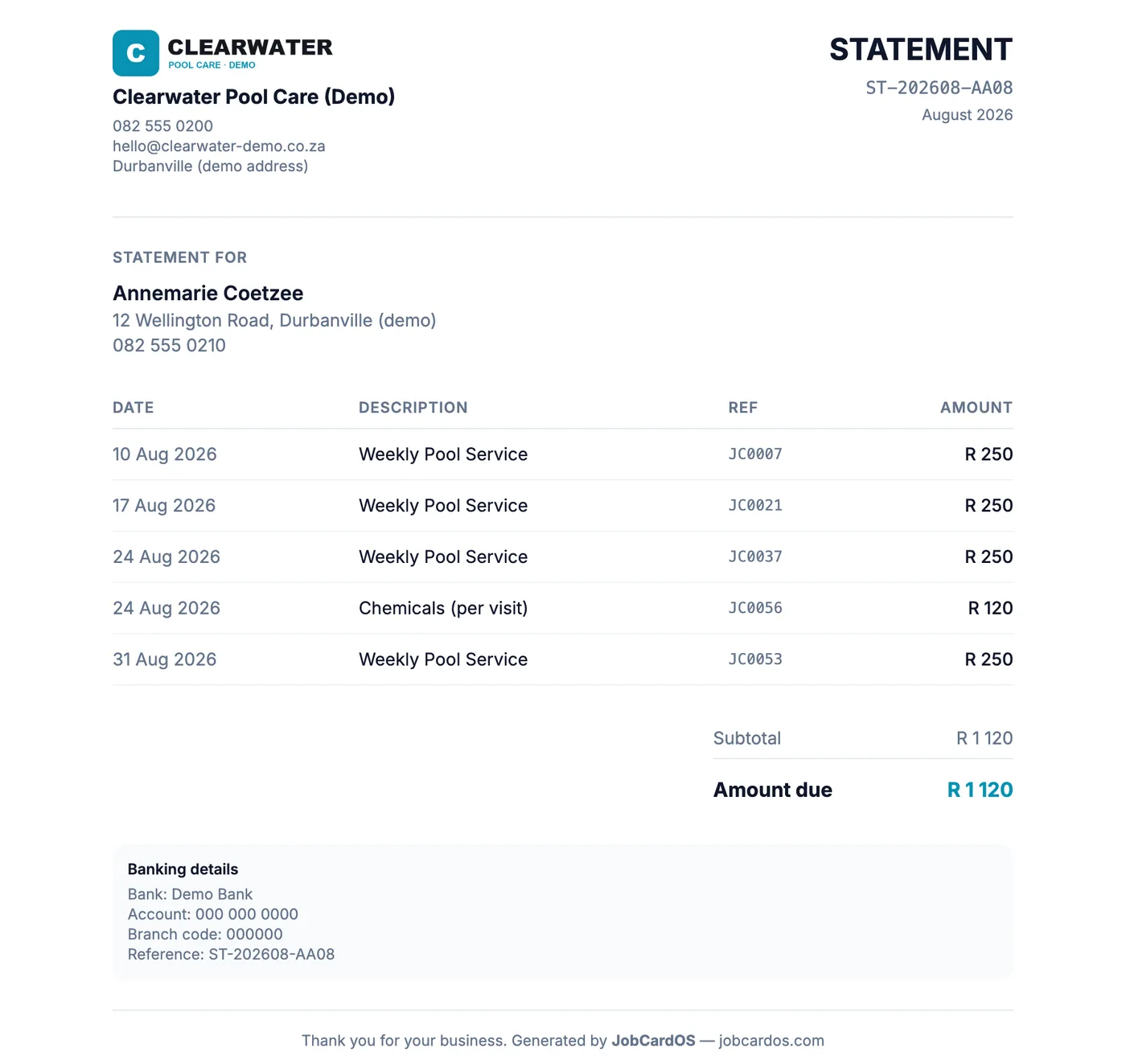 A monthly statement for a pool customer listing weekly visits and chemicals, the amount due and banking details