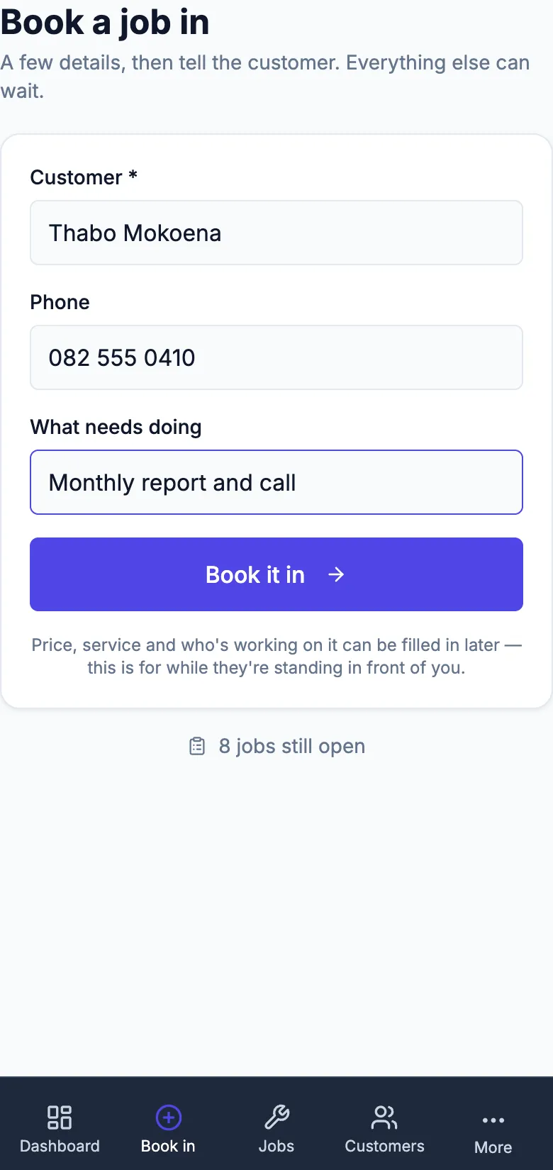 The book-a-job-in screen on a phone for a demo SEO agency