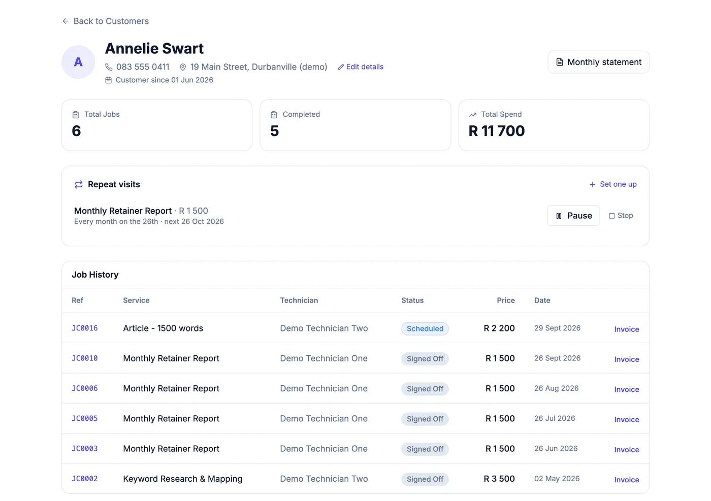 A customer page for a demo SEO agency with a repeating contract