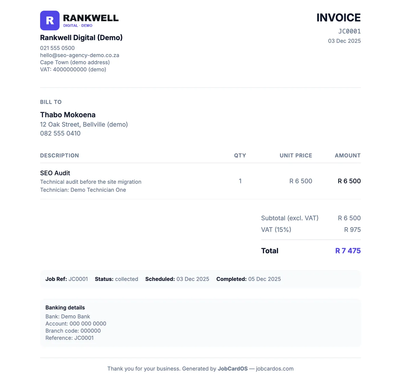 An invoice for a demo SEO agency