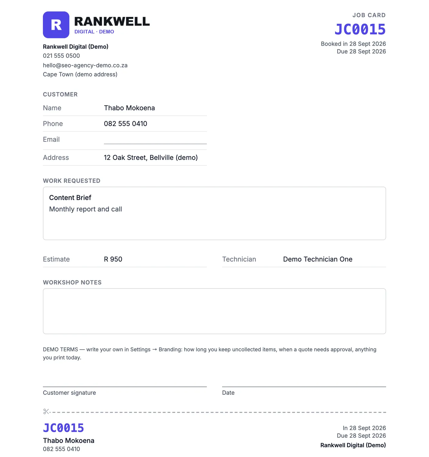A printed job card for a demo SEO agency